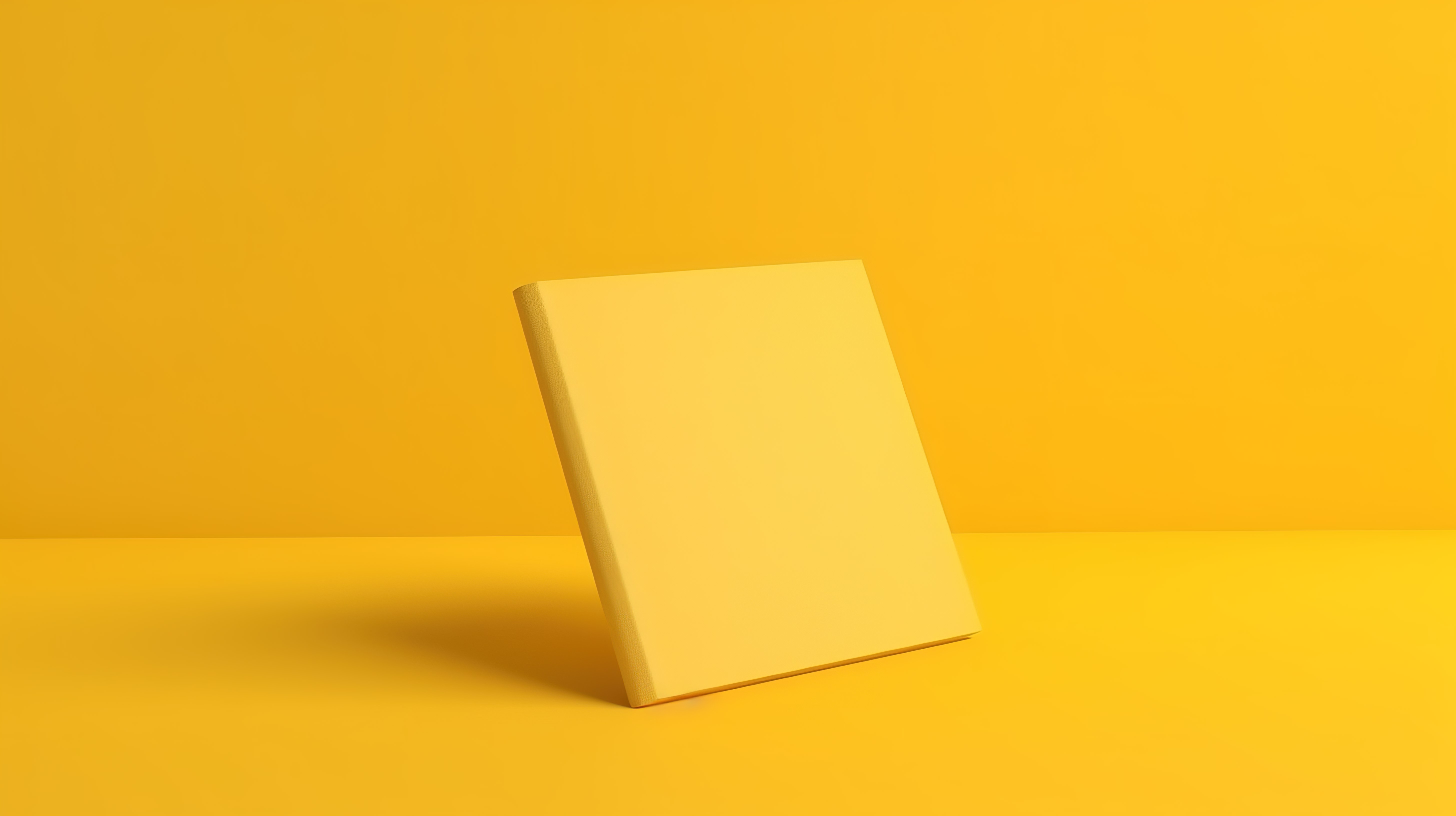 方形小册子小册子和邀请函的真实 3D 渲染，带有硬封面和黄色背景上的戏剧性阴影图片