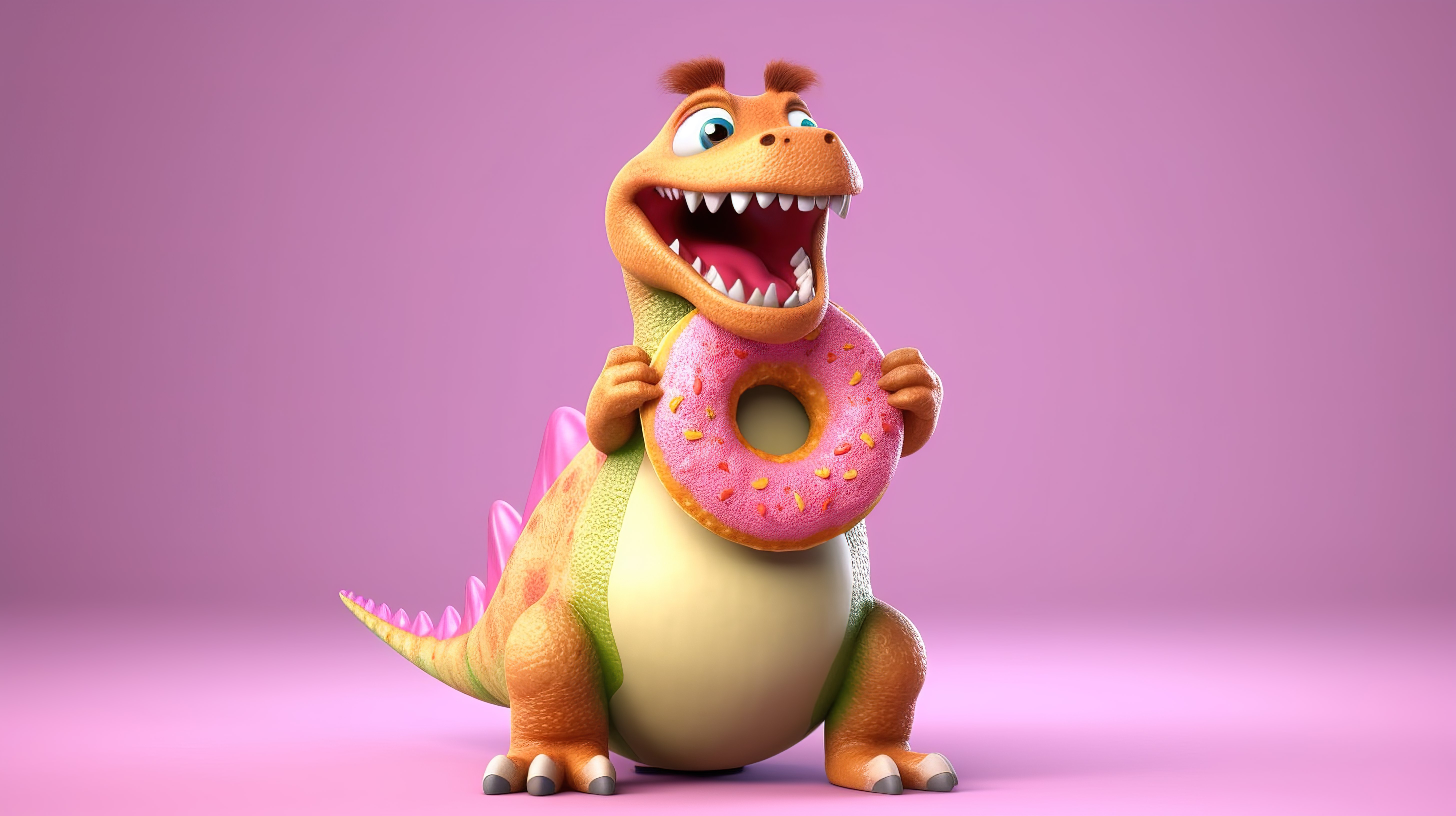 搞笑恐龙，爱吃甜食，拿着 3d 甜甜圈图片
