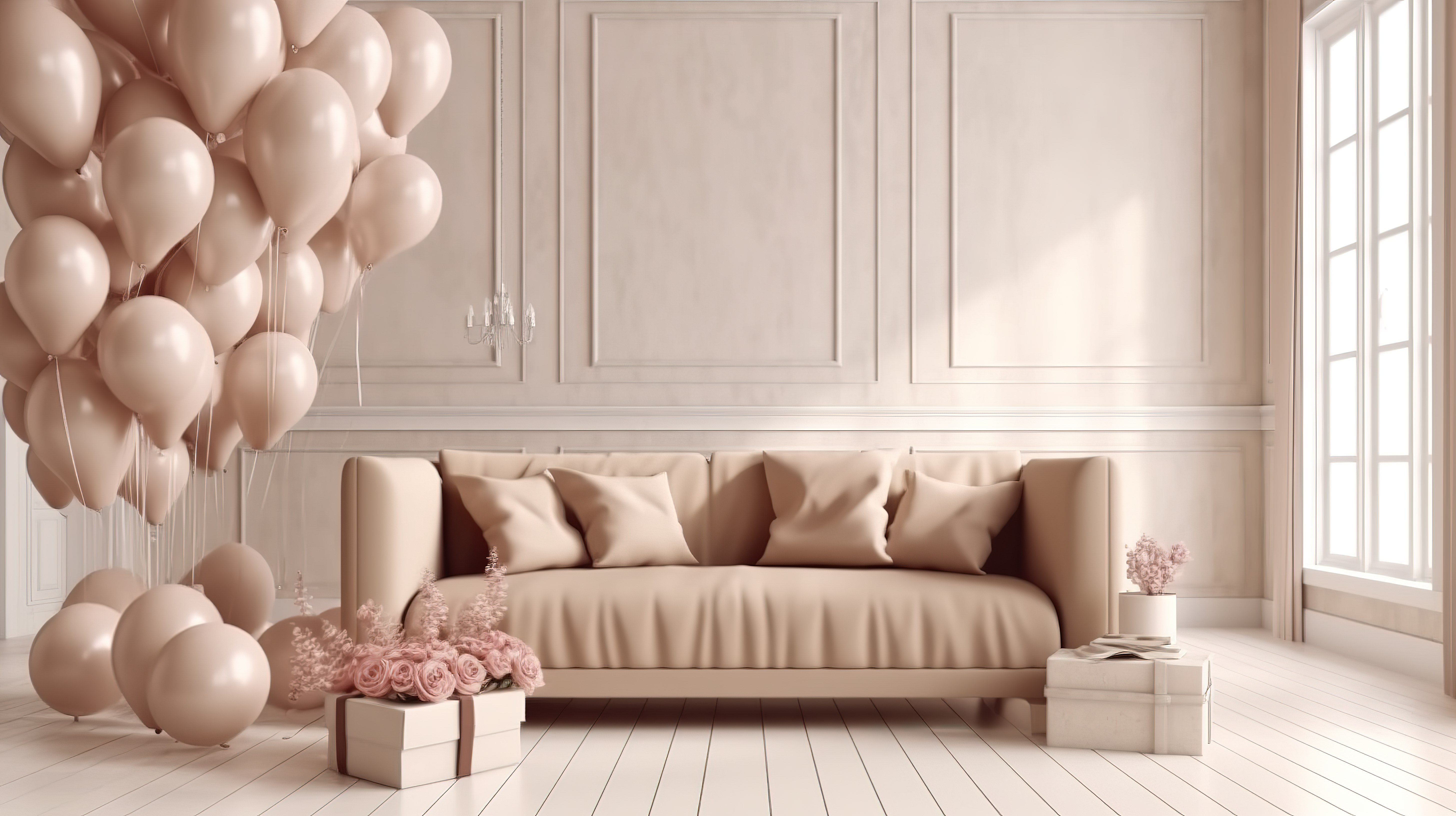情人节主题米色内饰，配有心形气球沙发和礼品盒 3D 渲染插图图片