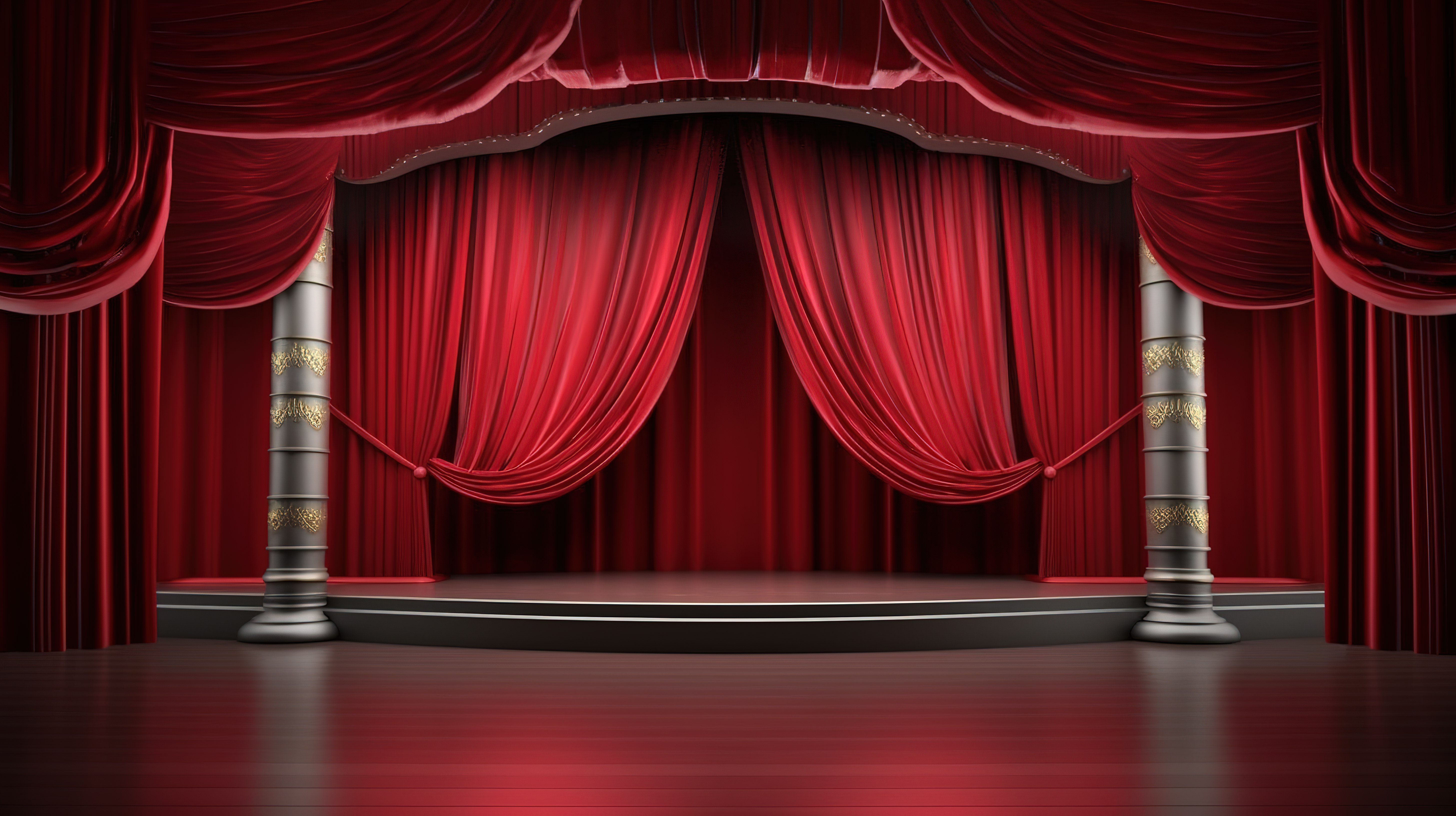 空置剧院或歌剧舞台的 3D 渲染，带有醒目的红色窗帘图片