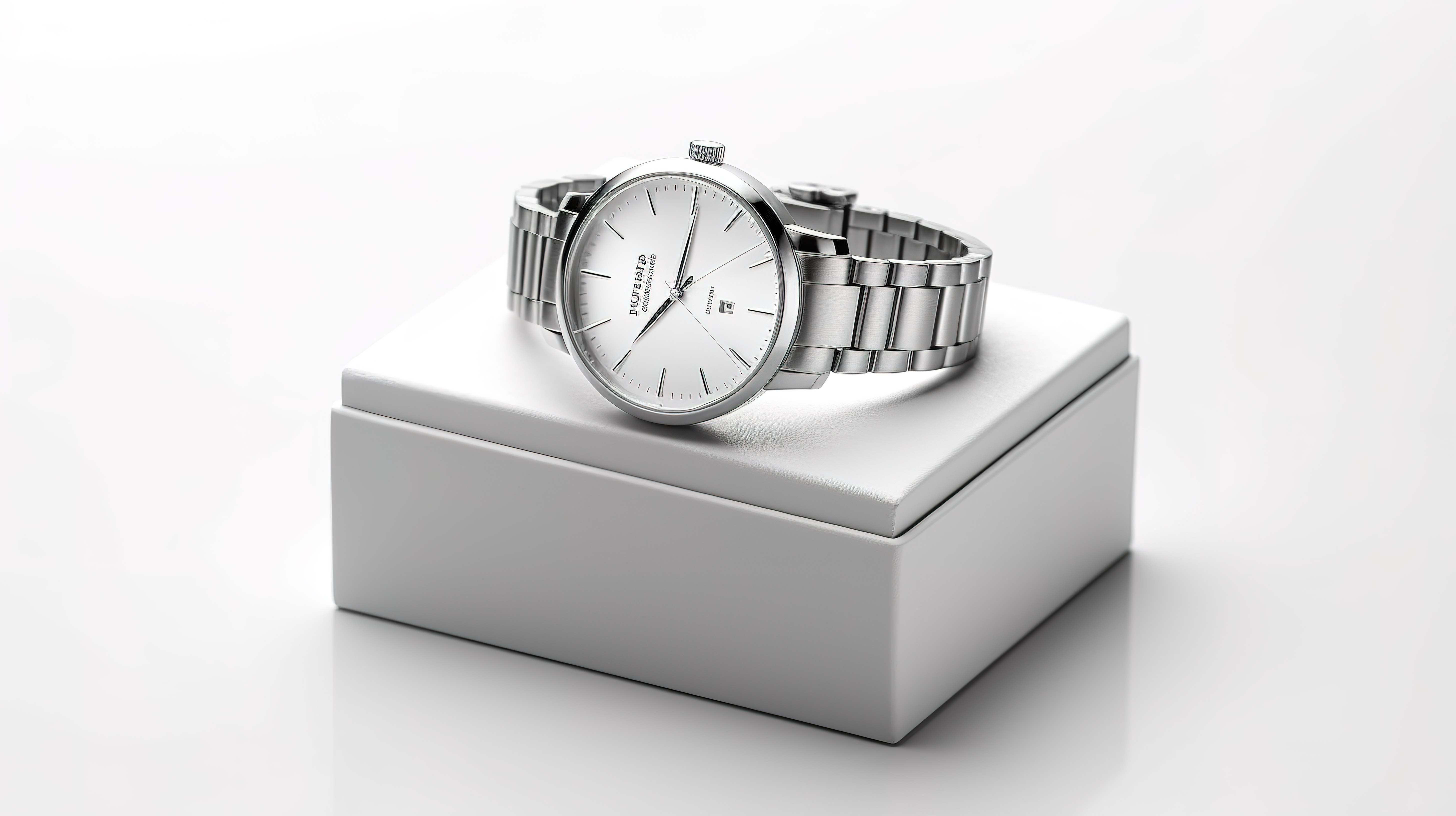 经典模拟男士银色腕表，白色背景 3D 渲染上配有优雅礼品盒图片