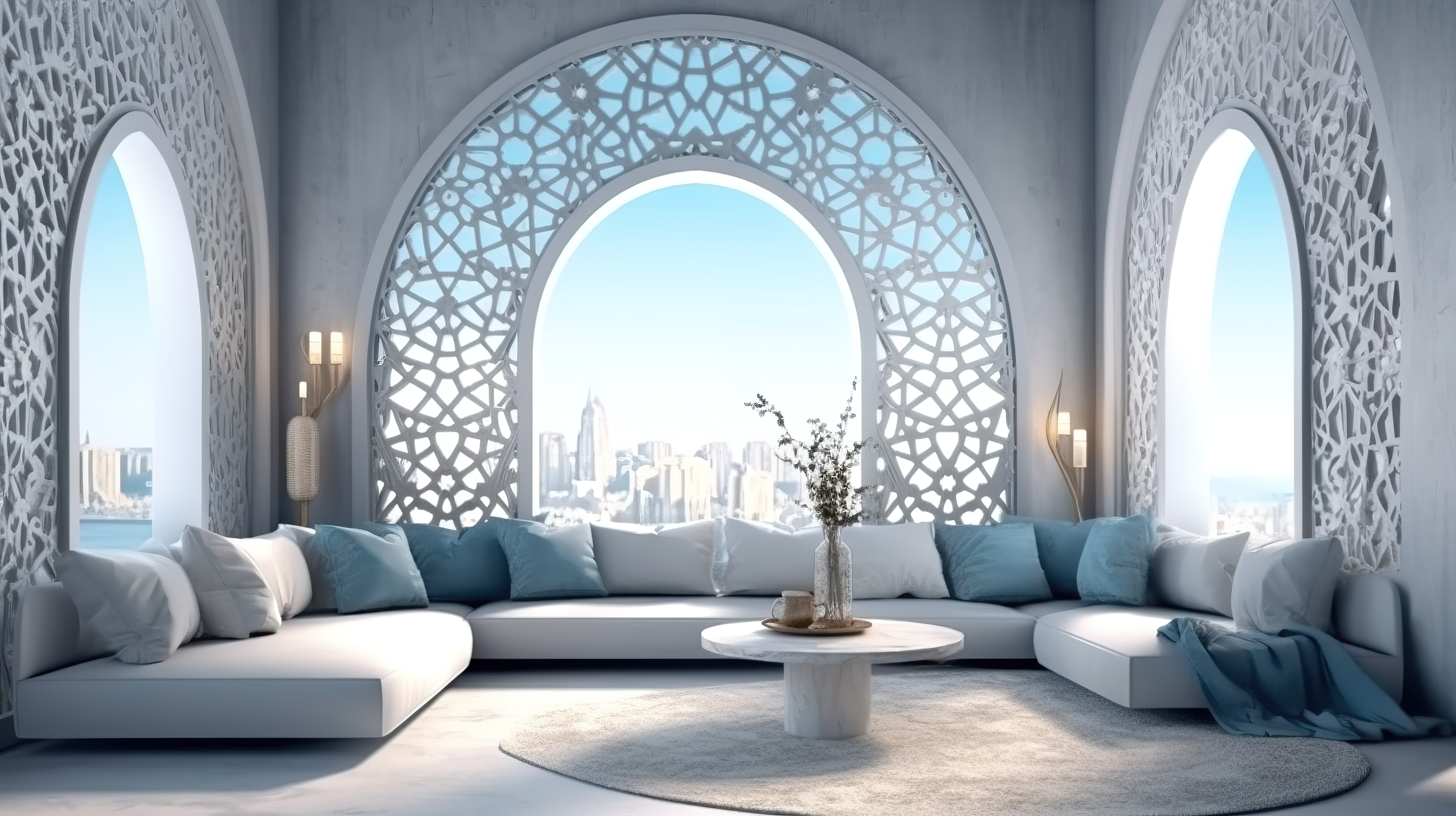 摩洛哥室内空间的 3D 渲染，带有复杂的阿拉伯激光切割图案装饰窗户和家具图片