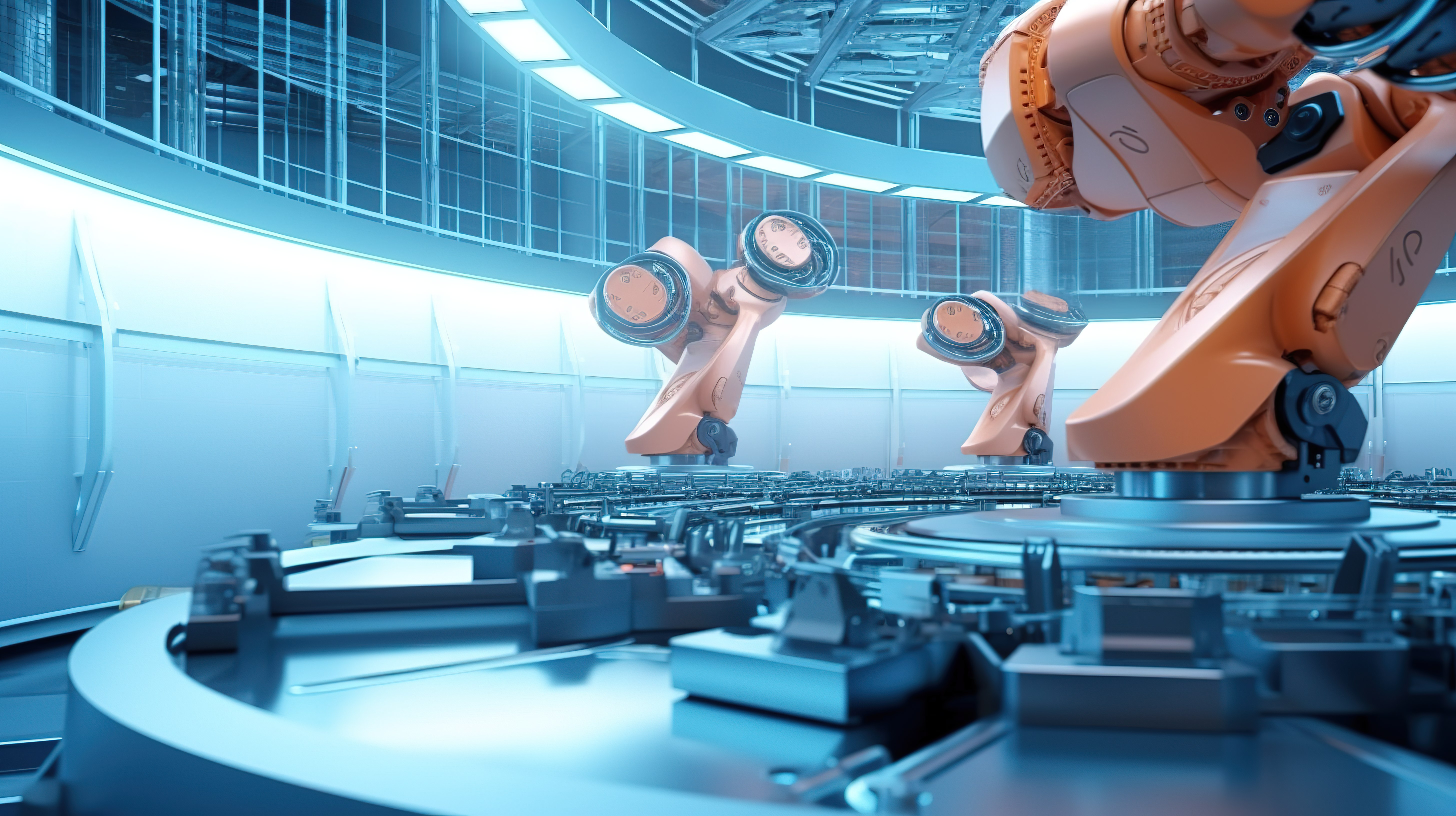 创新的工厂概念，具有由机器人控制的机器人手臂的 3D 渲染图片