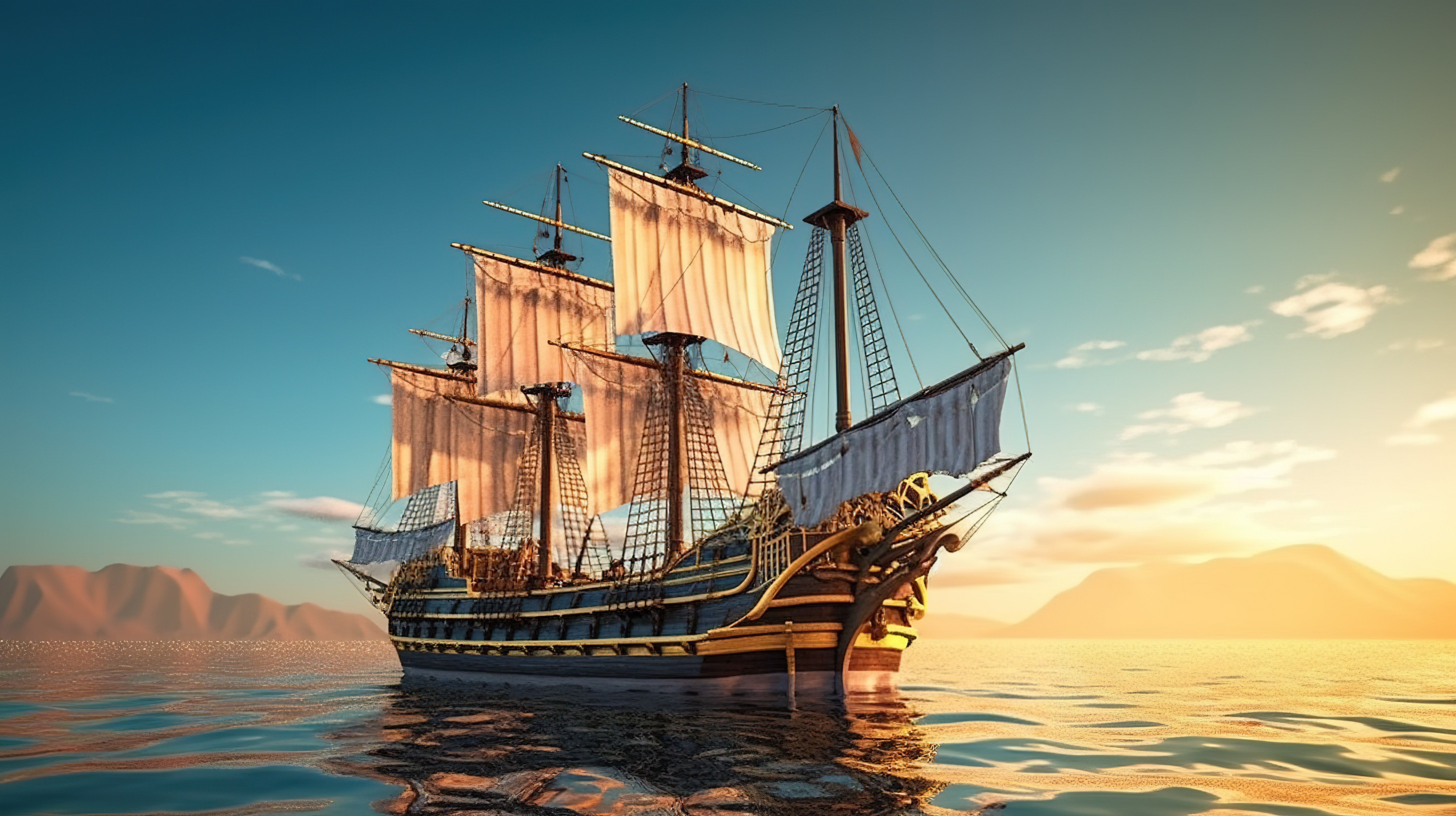 光栅形式的古帆船的 3d 渲染图片