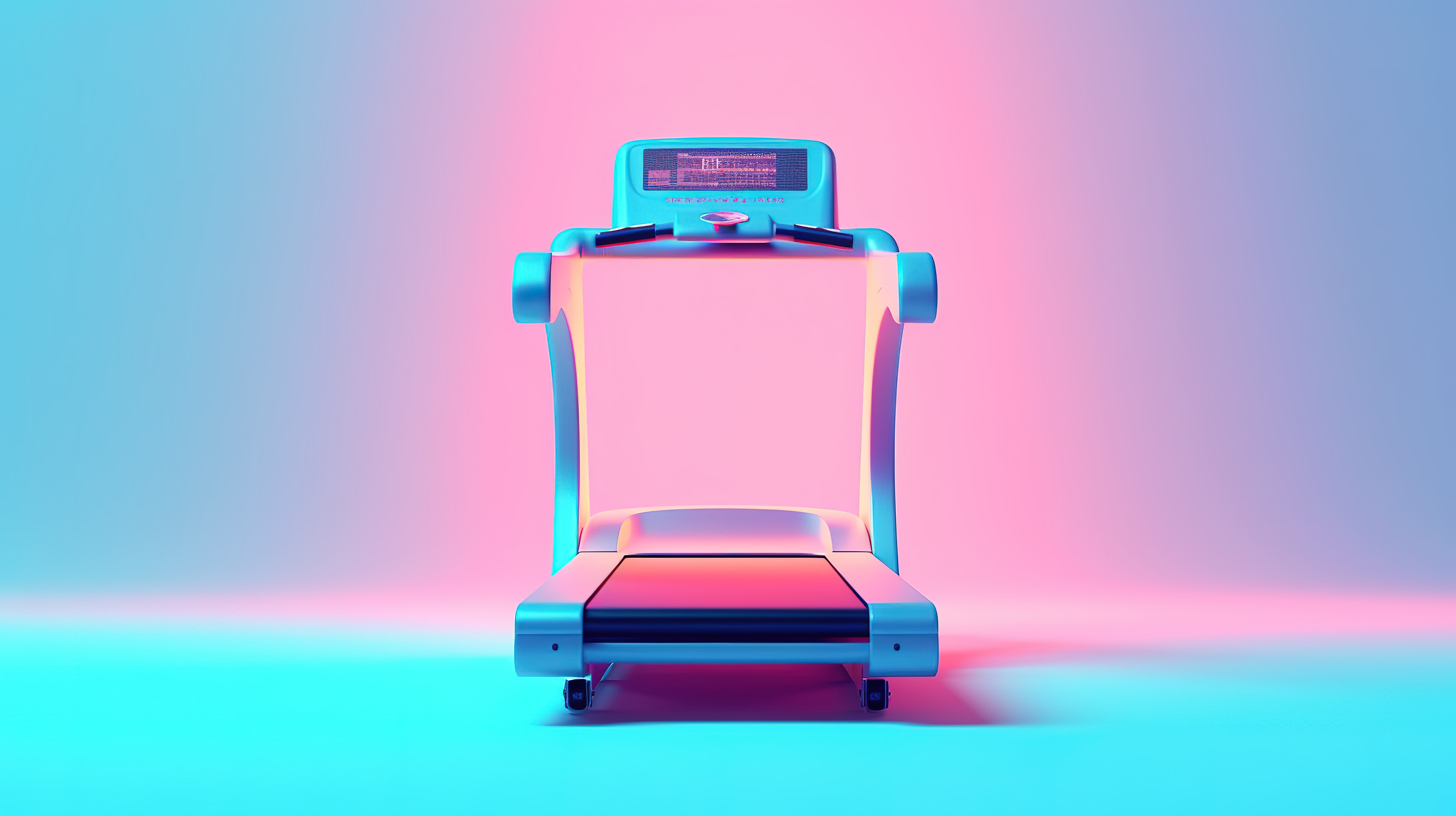 未来派粉色跑步机，用于蓝色背景 3D 渲染上的双色调有氧健身训练图片