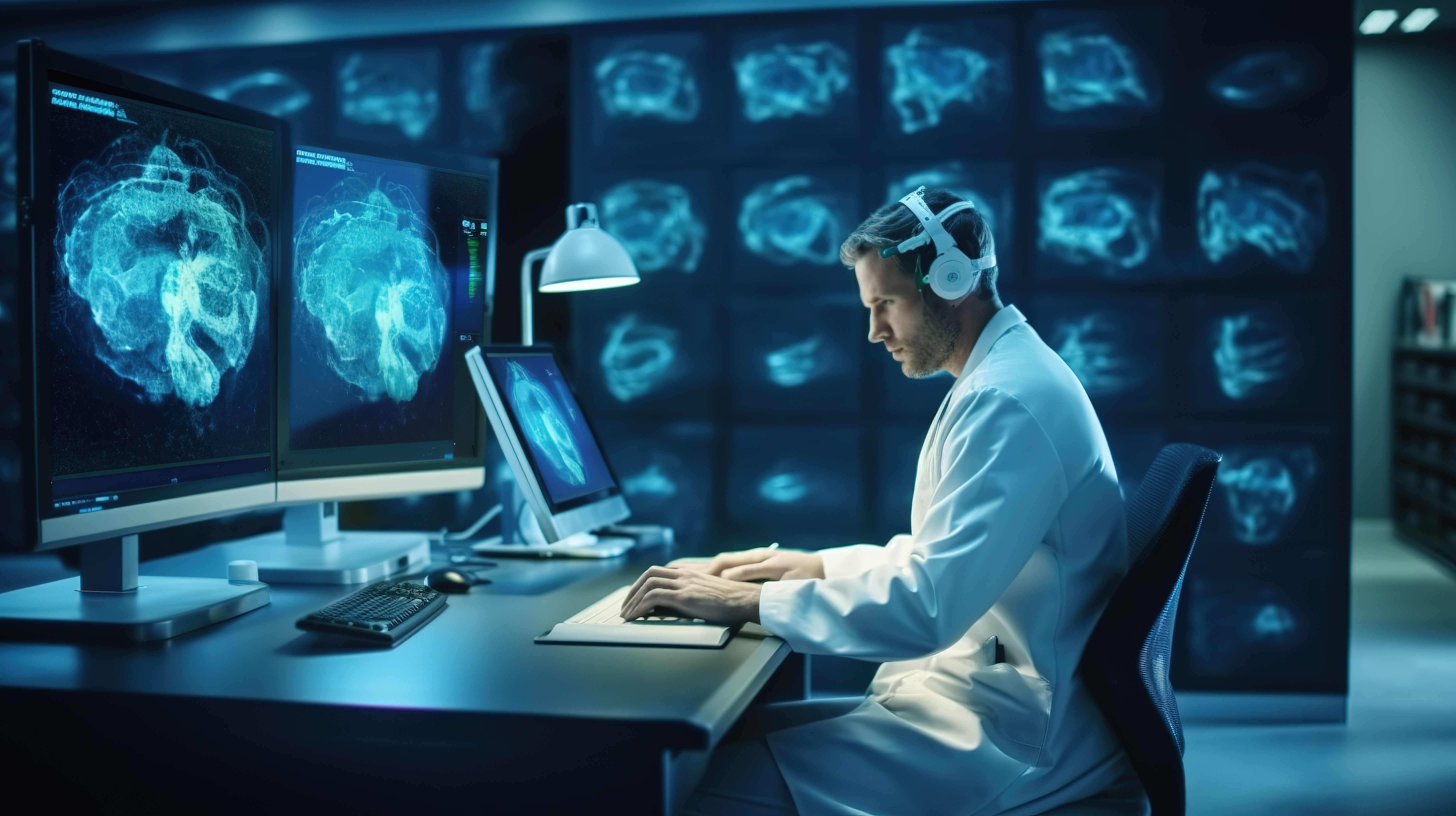 专家医生在医院的办公室审查患者档案，屏幕上显示 3D 大脑显示图片
