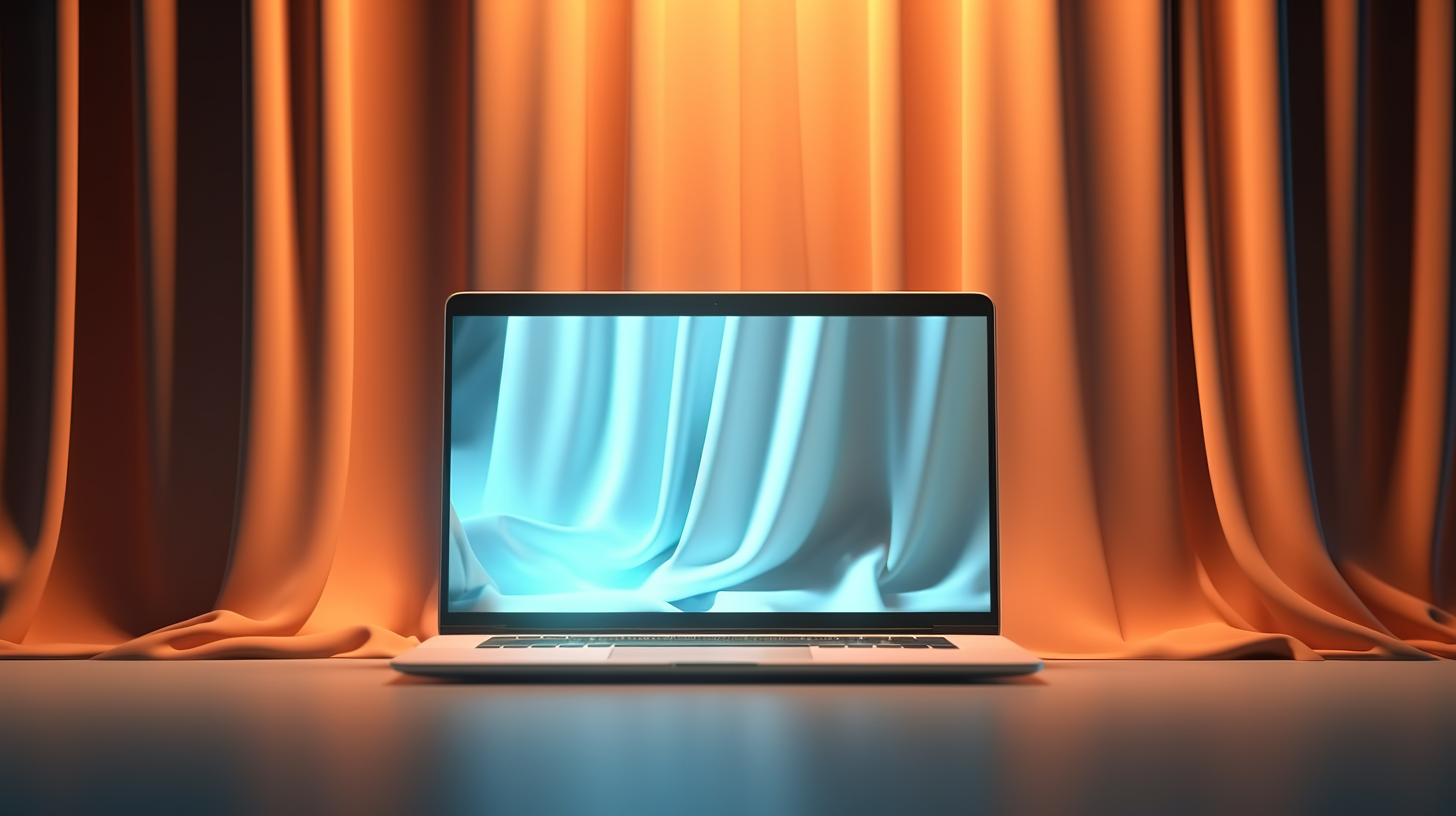 时尚的笔记本电脑独立站在充满活力的窗帘背景 3D 渲染上图片