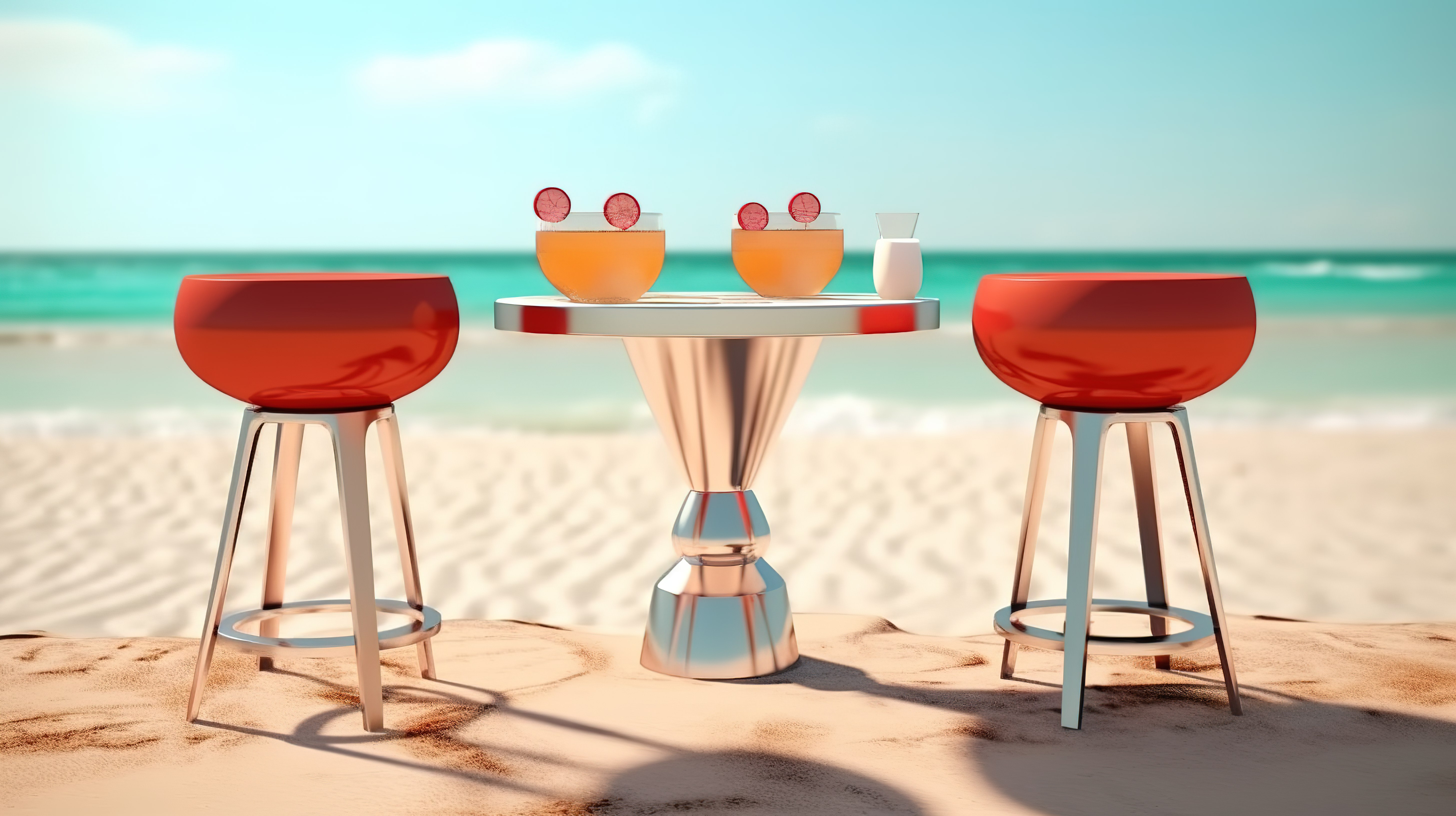 时尚的酒吧凳子坐在桌子旁边，在阳光明媚的海滩上近距离观看充满活力的鸡尾酒和个人 3D 渲染图像图片