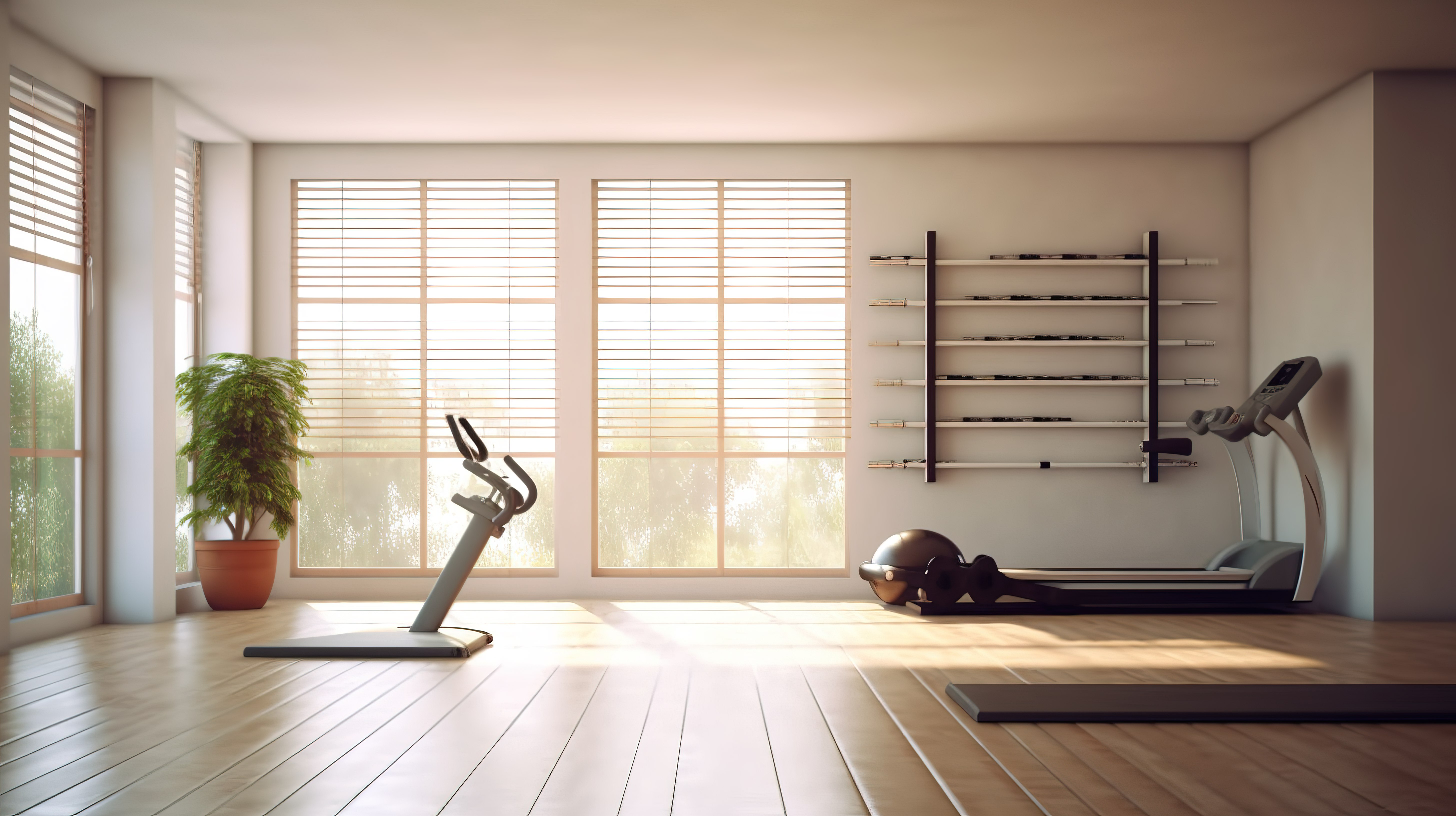 家庭健身房和健身空间的虚拟 3D 渲染图片