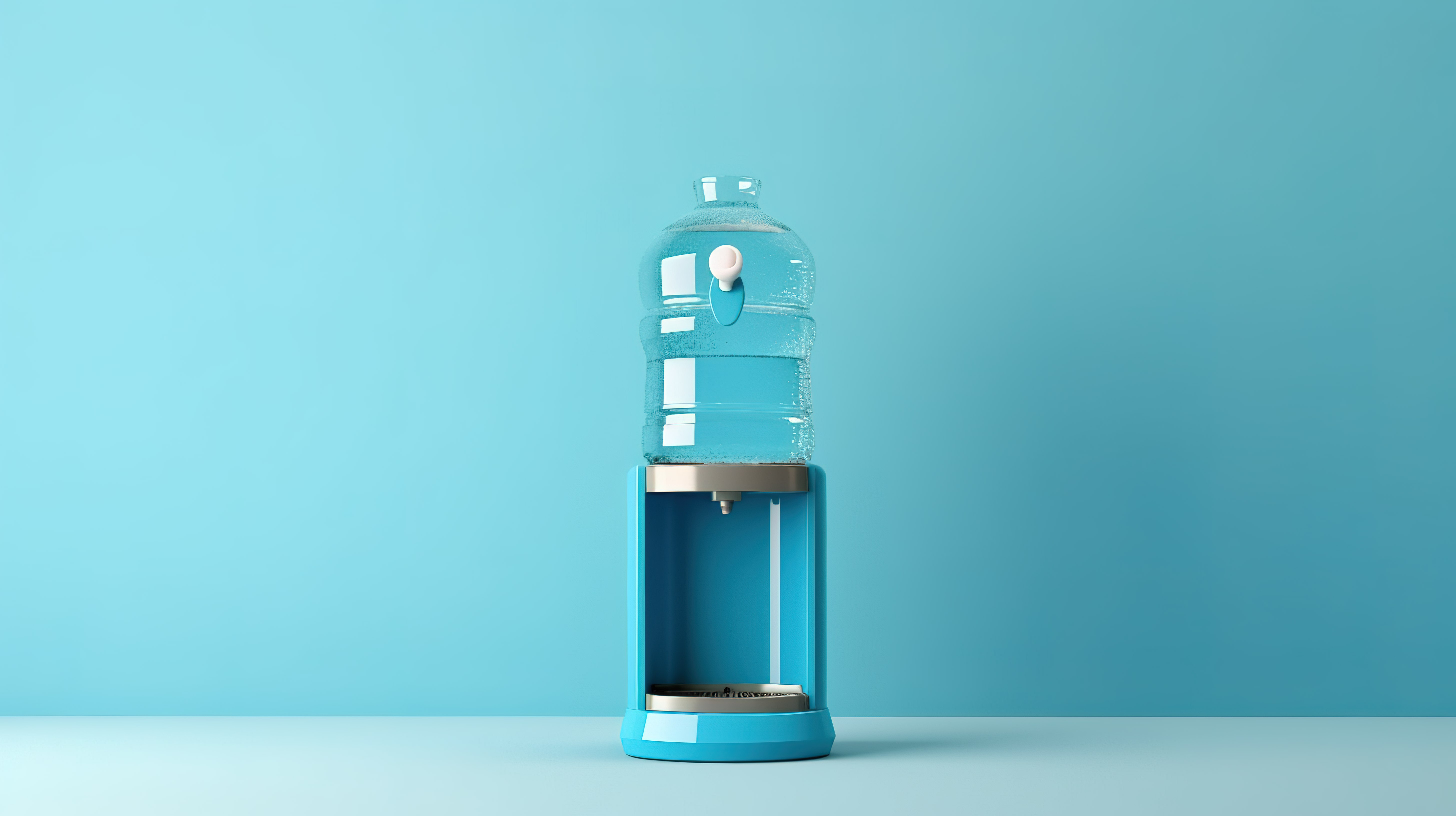 带瓶子的蓝色背景水冷却器的 3D 渲染图片