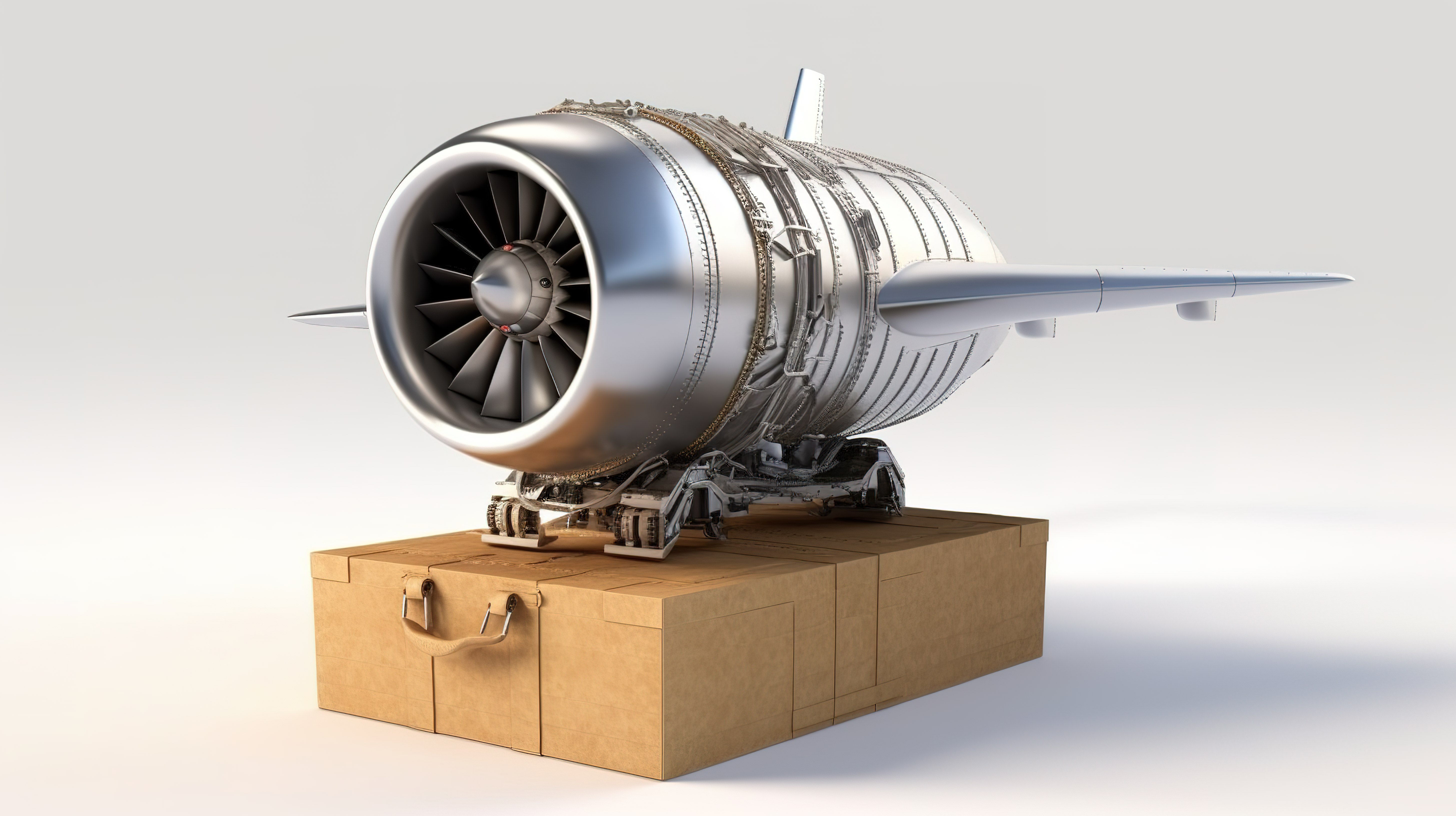 白色背景上带有飞机喷气发动机的快递箱的 3D 渲染图片