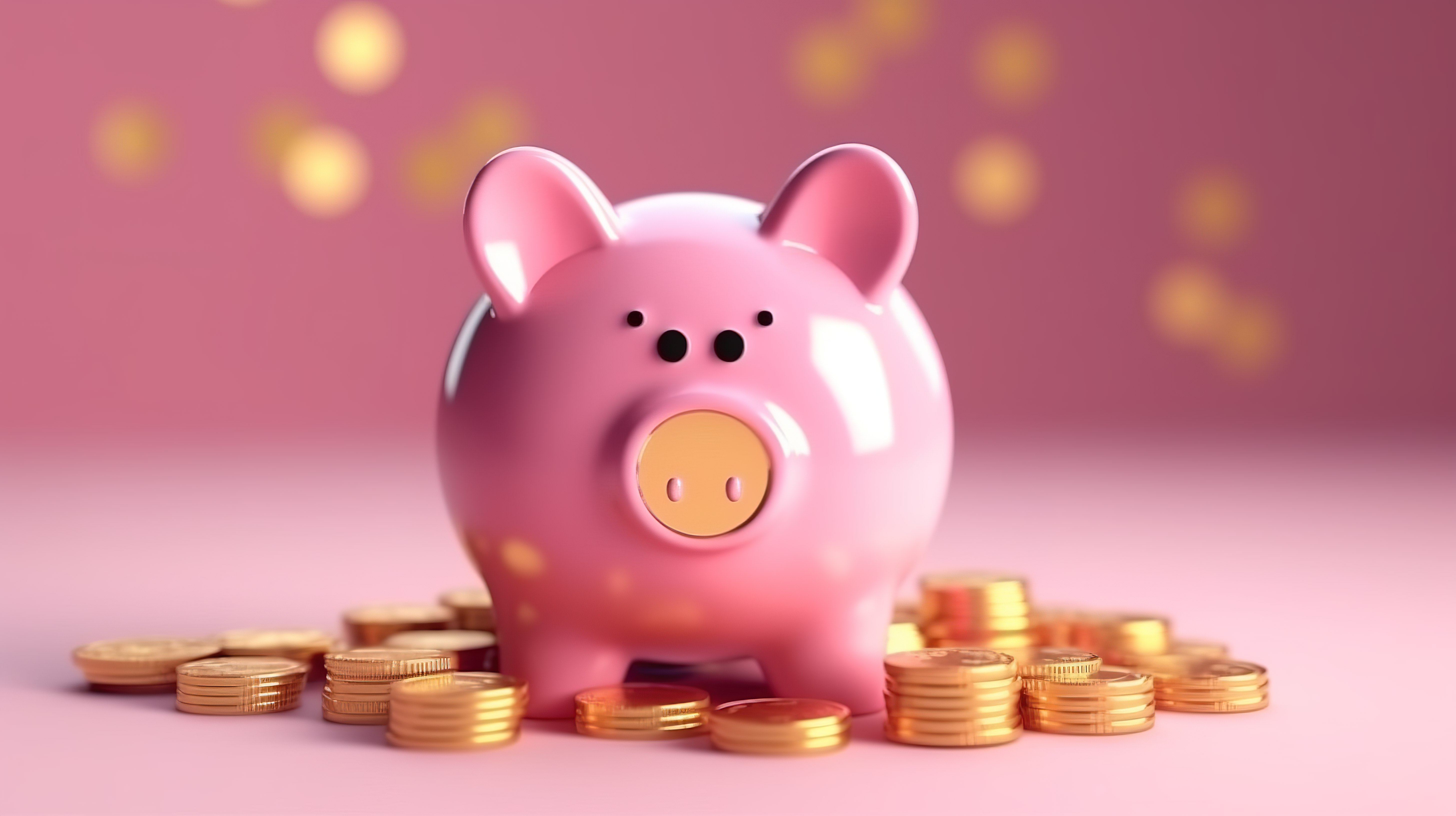欢快的金币在 3D 渲染中填充微笑的粉红色存钱罐图片