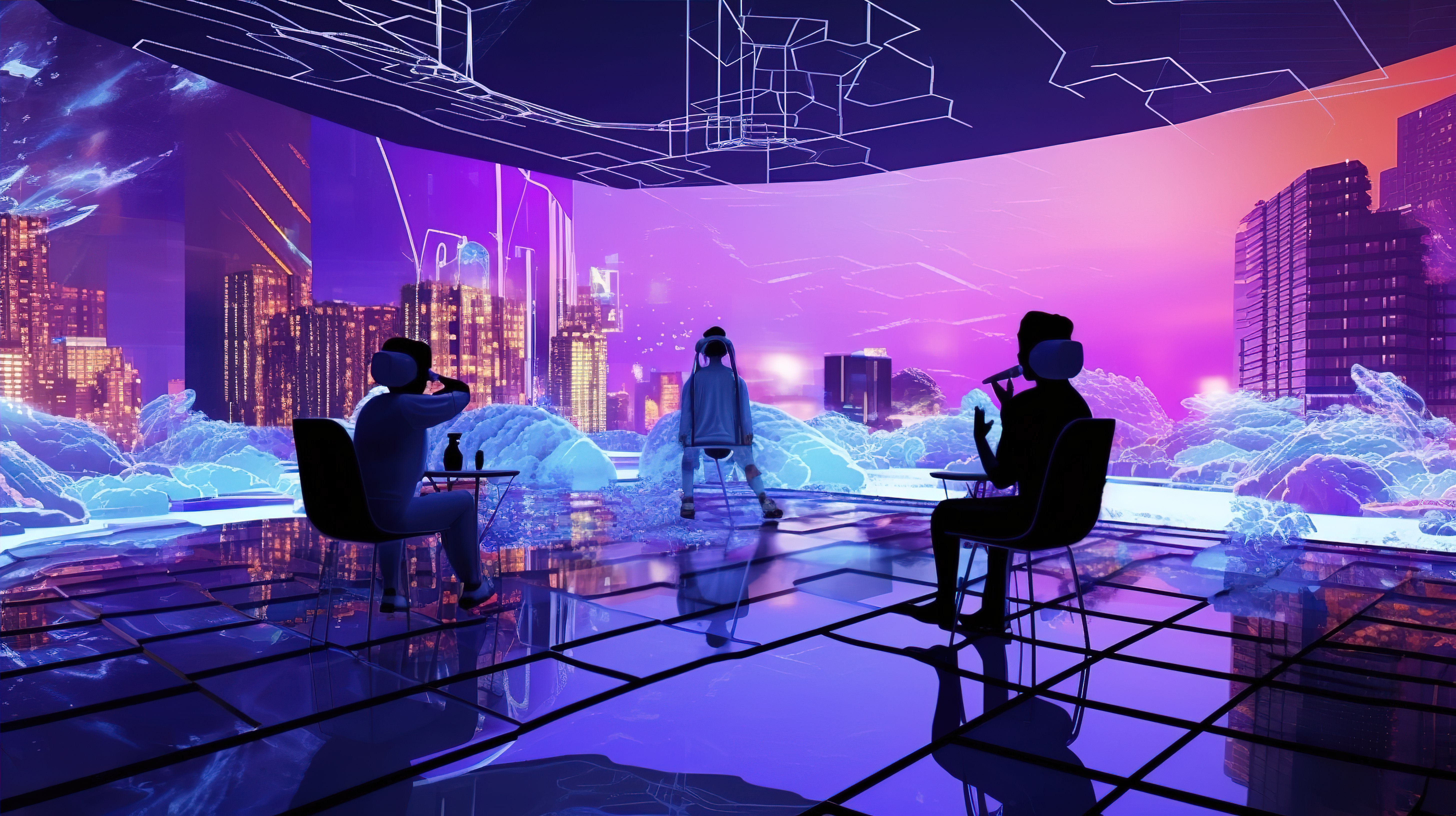 虚拟现实中的协作努力网络城市天际线和令人惊叹的 3D 渲染中的工作元宇宙图片