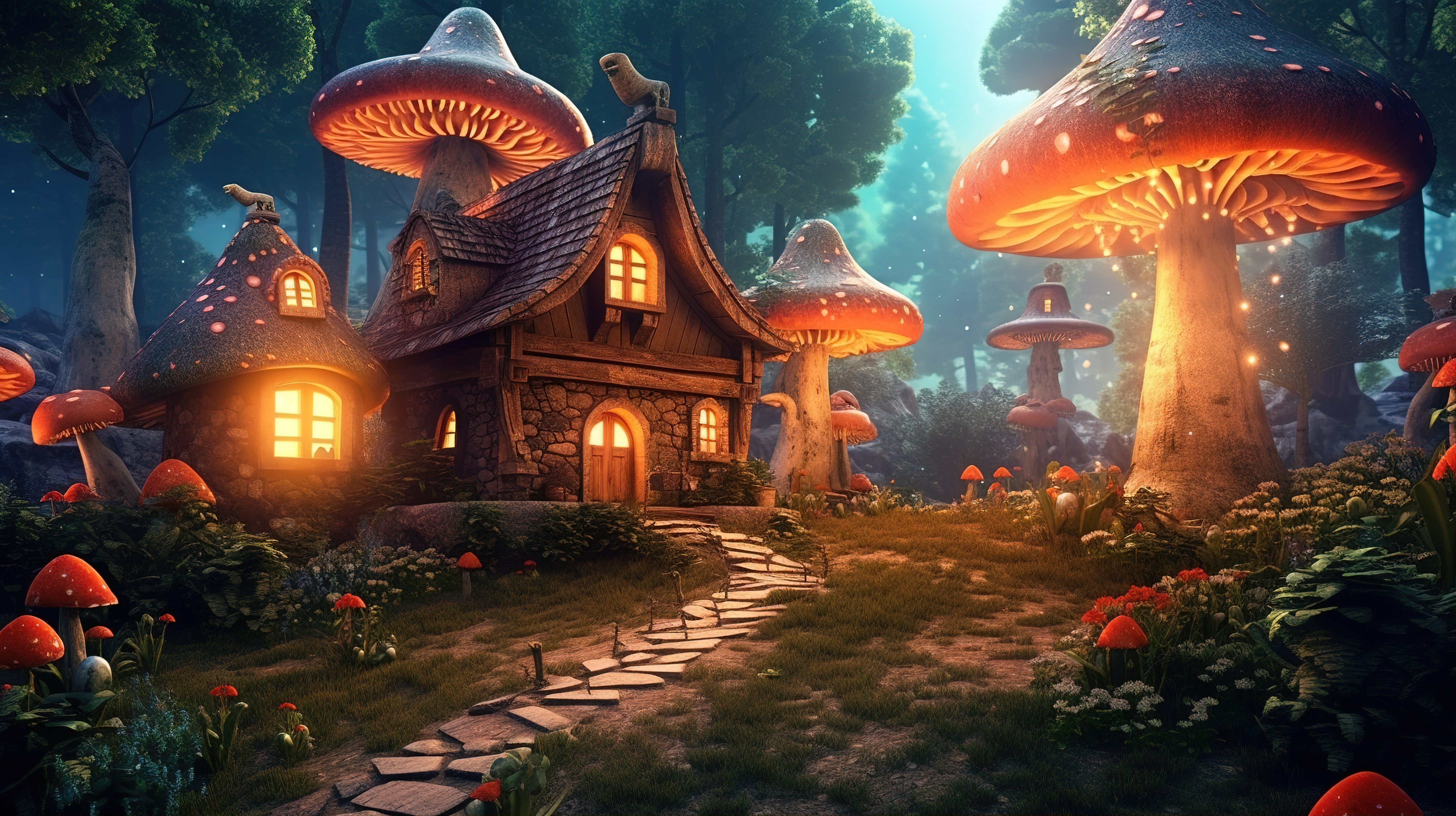 一个神奇的森林精灵村庄，有蘑菇屋发光的树和 3D 插图图片