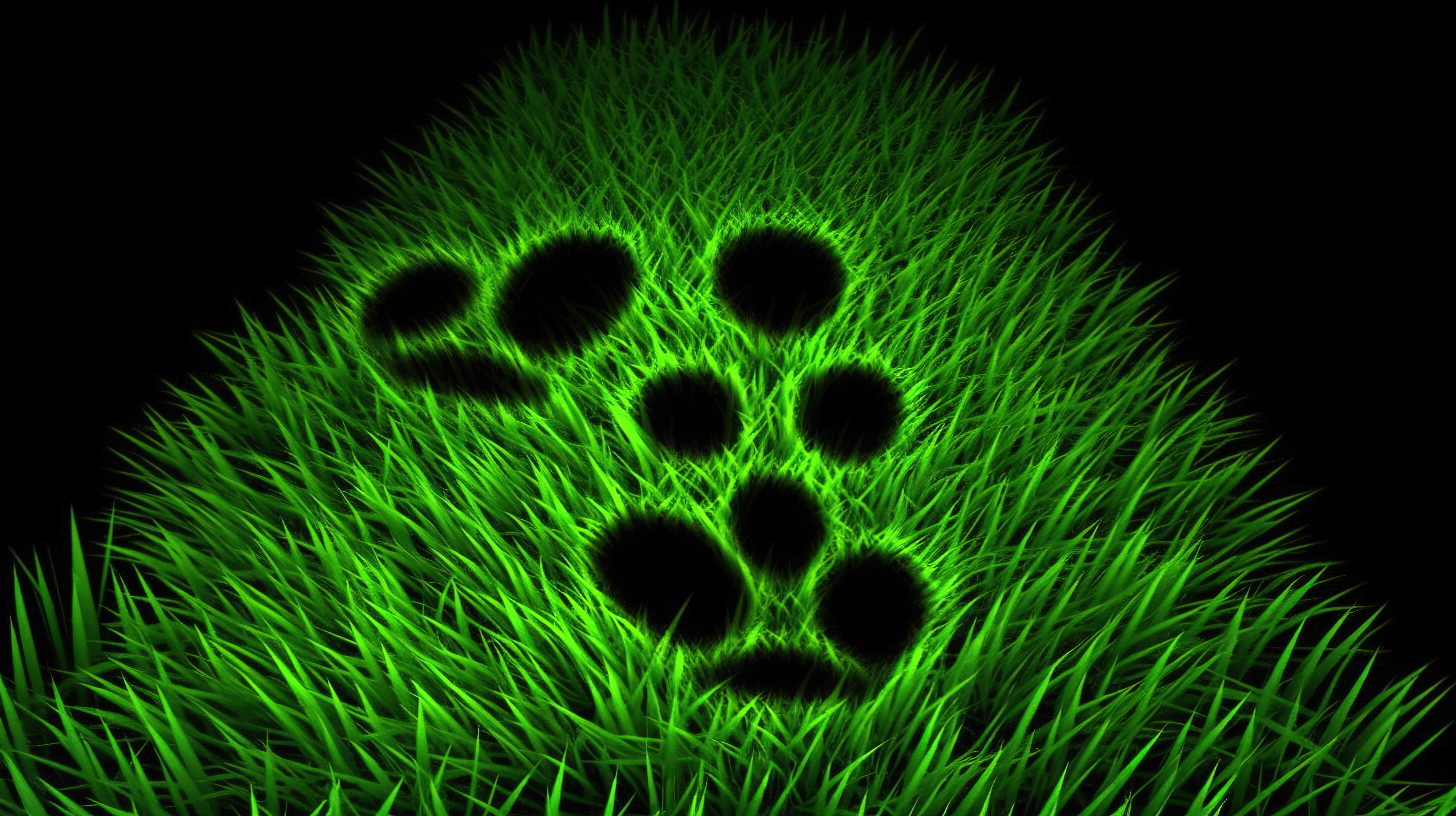 郁郁葱葱的绿草上动物足迹剪影的 3d 插图图片