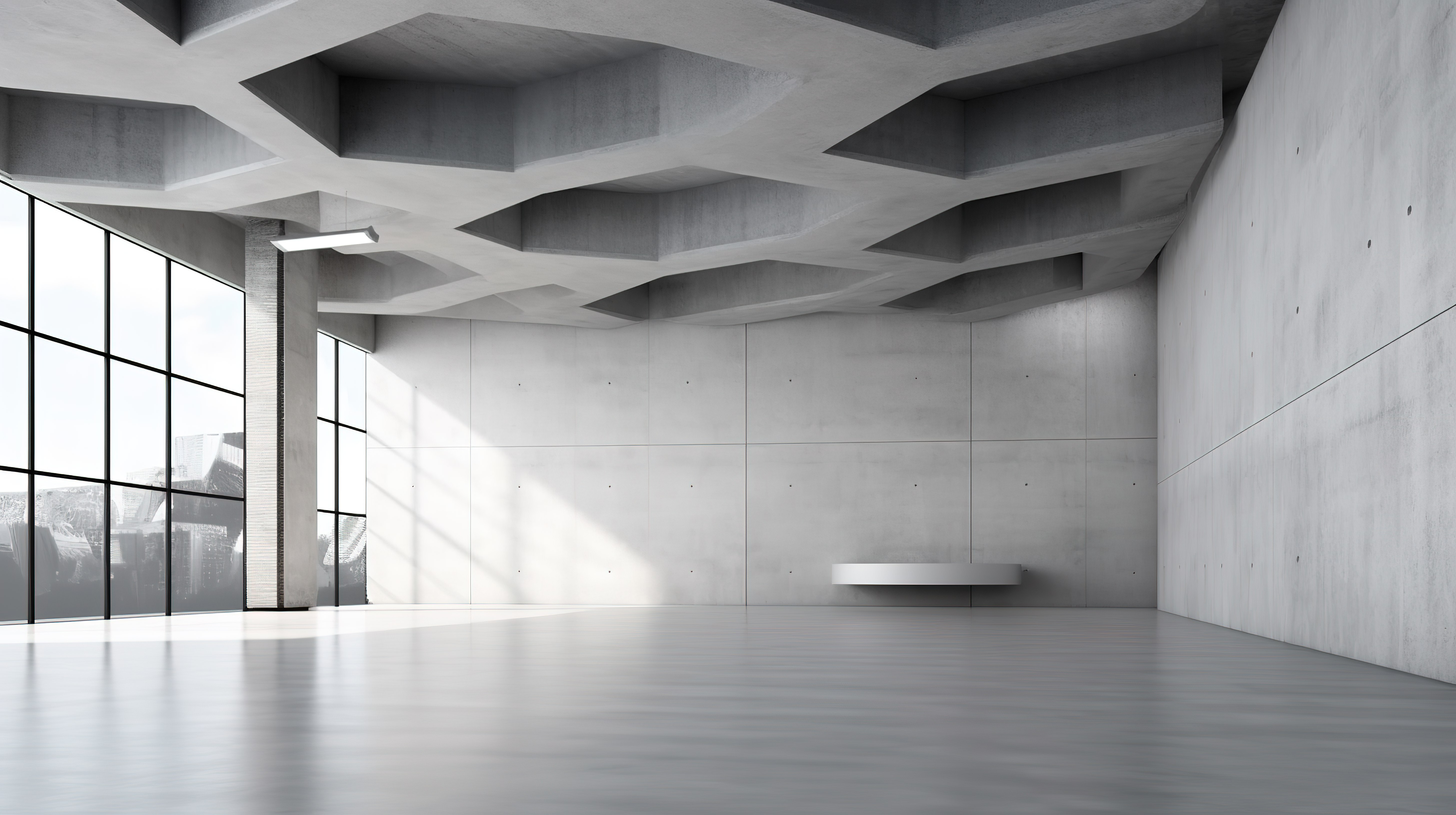 当代展厅 3D 渲染抽象室内设计，具有简约的混凝土墙背景和空地板图片