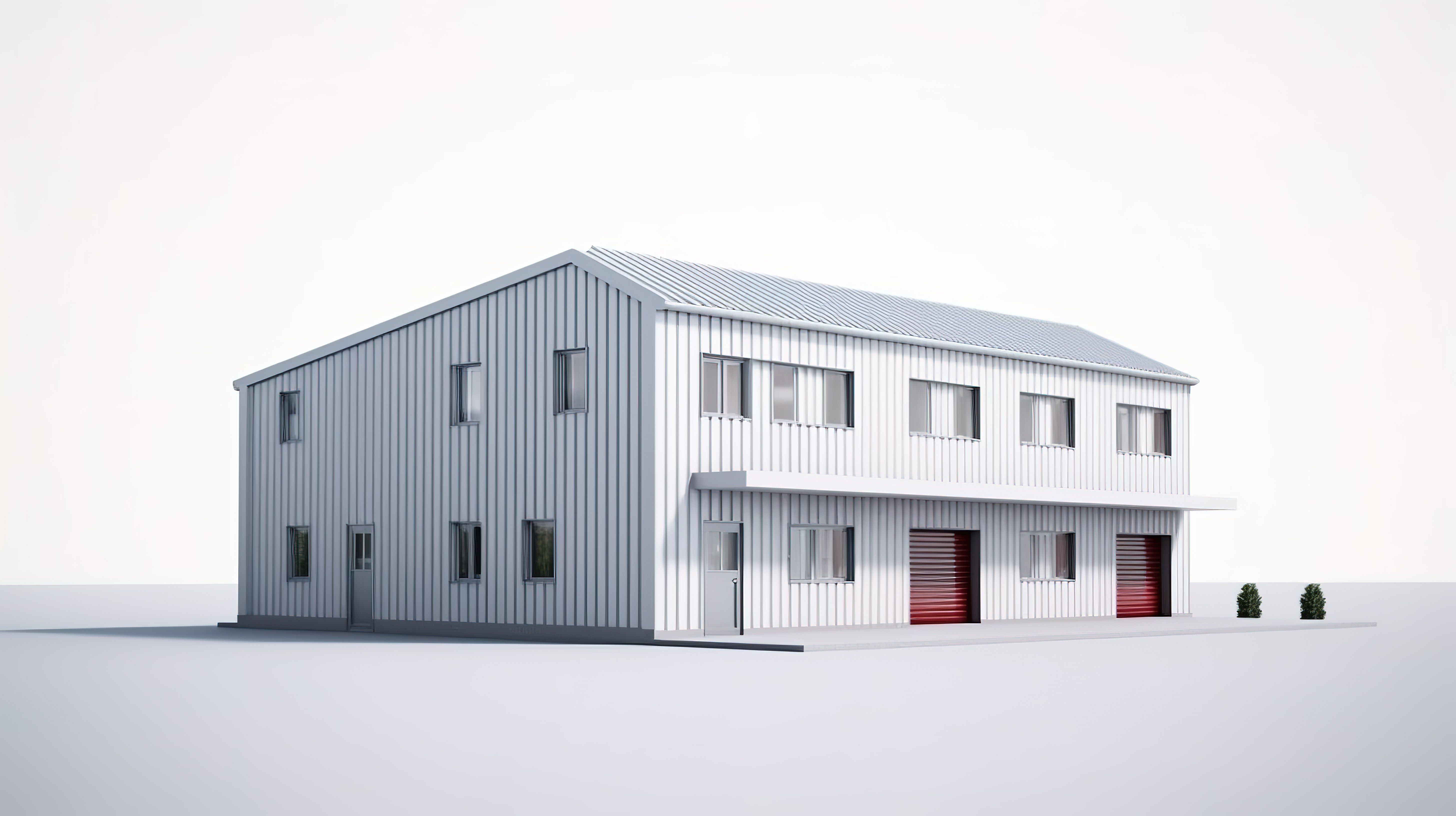 现代办公室和仓库设施，采用清晰的白色背景 3D 渲染图片