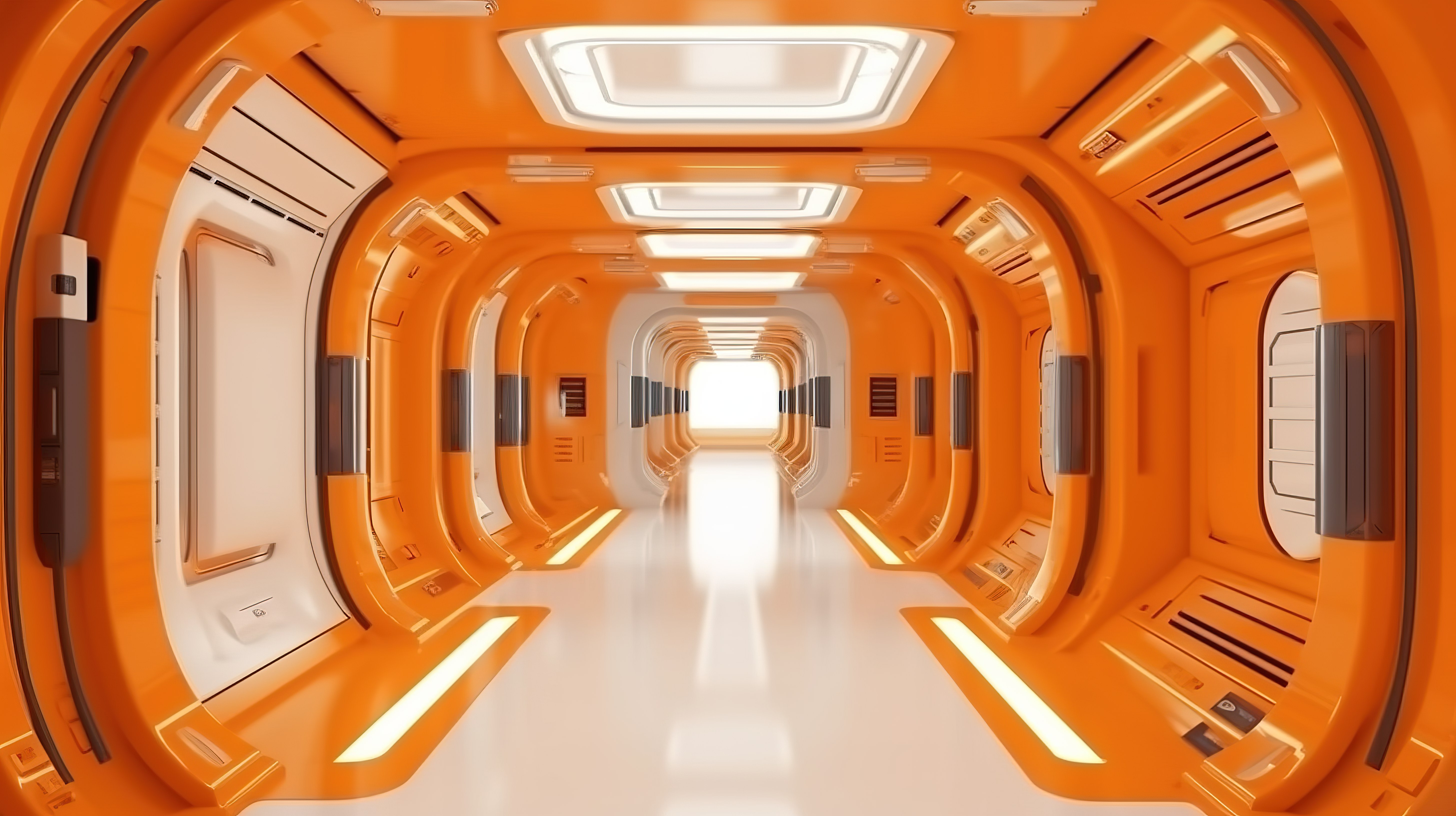 科幻房间 3d 渲染中的未来派内部橙色宇宙飞船走廊图片