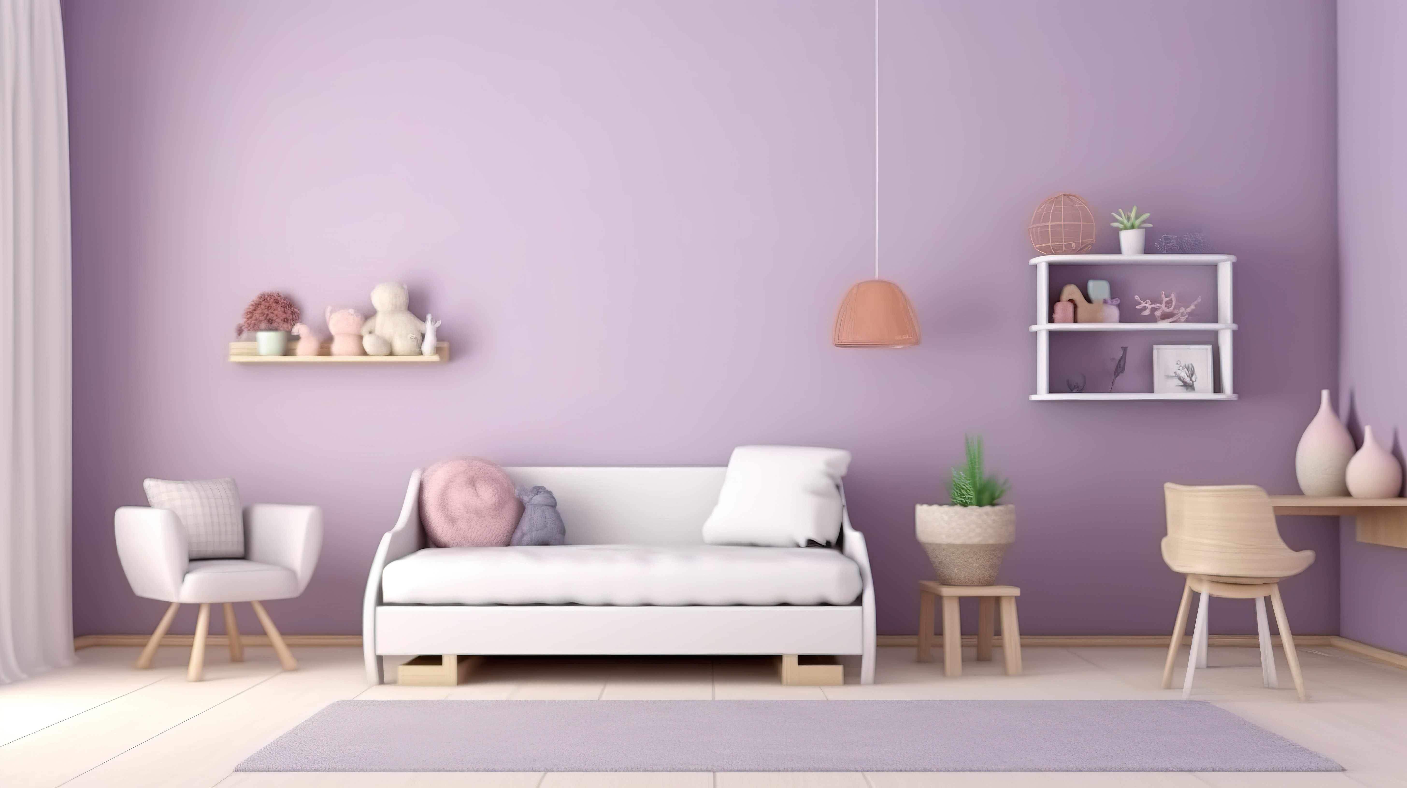 紫色墙壁和白色家具以令人惊叹的 3D 渲染装饰幼儿房间的内部景观图片