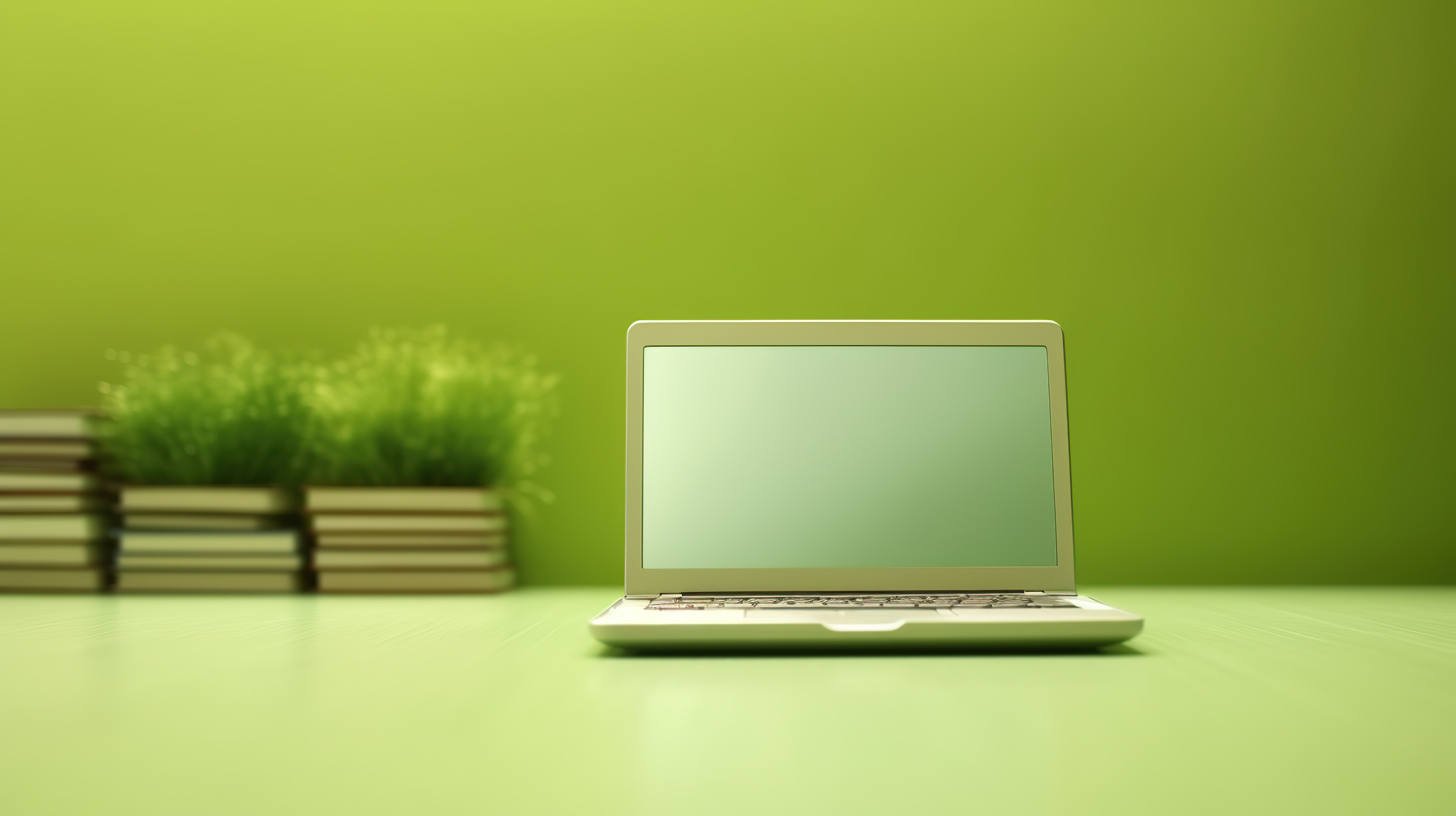 背景为绿色办公场景的笔记本电脑的 3D 插图图片