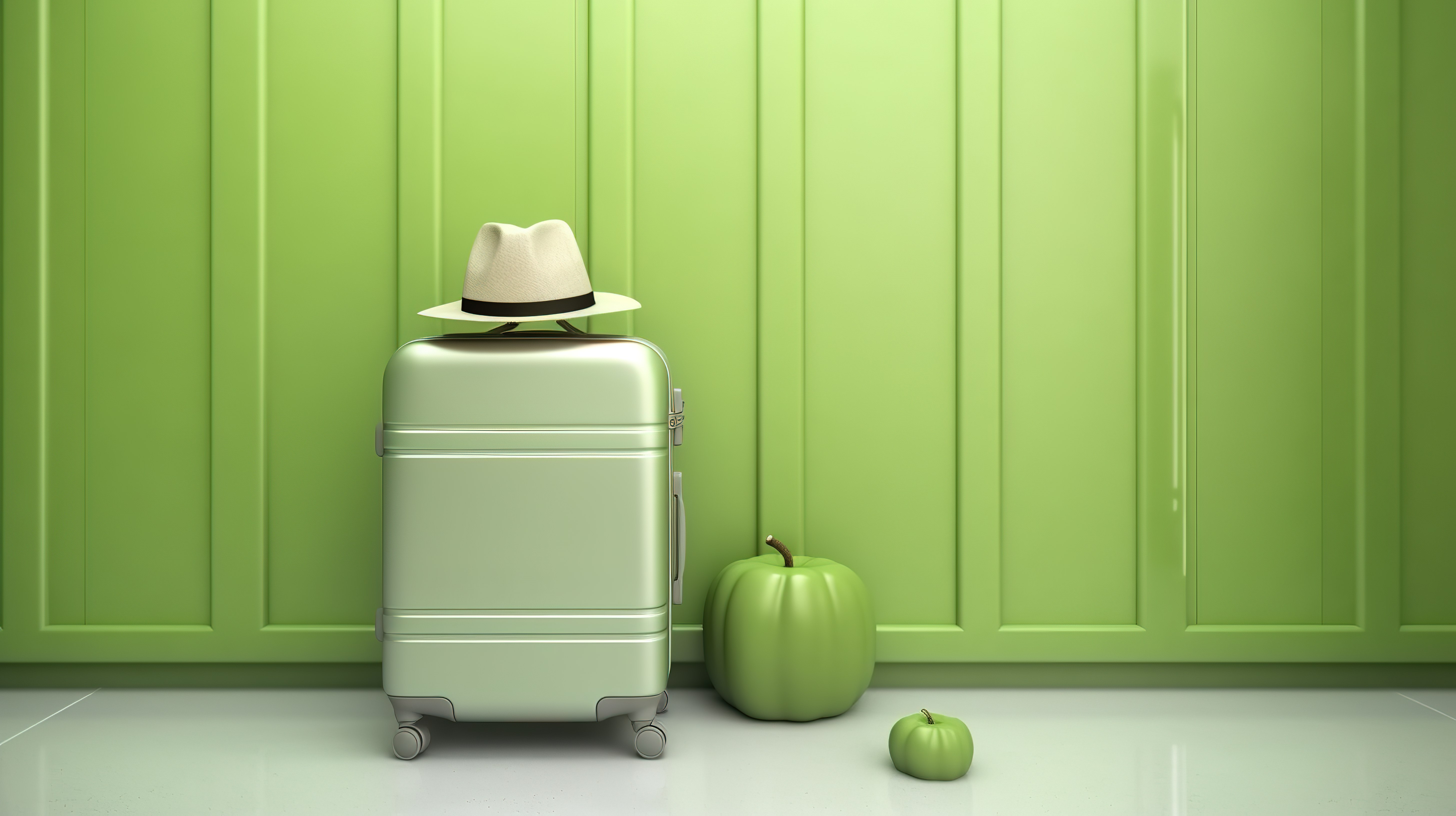 青苹果墙上手提箱帽子和太阳镜的新鲜旅行概念 3D 渲染图片