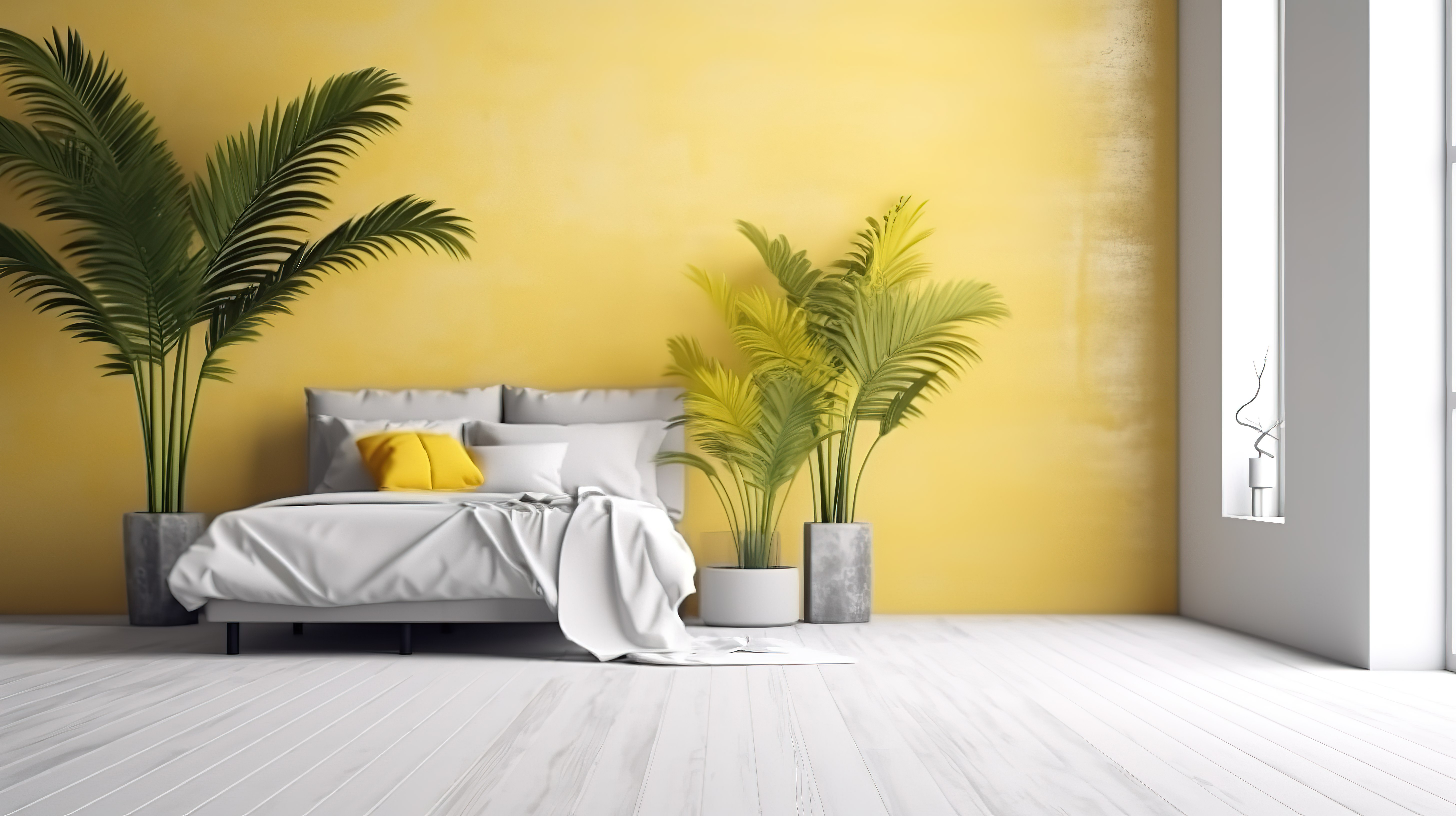 极简主义卧室的 3D 渲染，配有空的白色木板墙，装饰着小黄色棕榈树图片