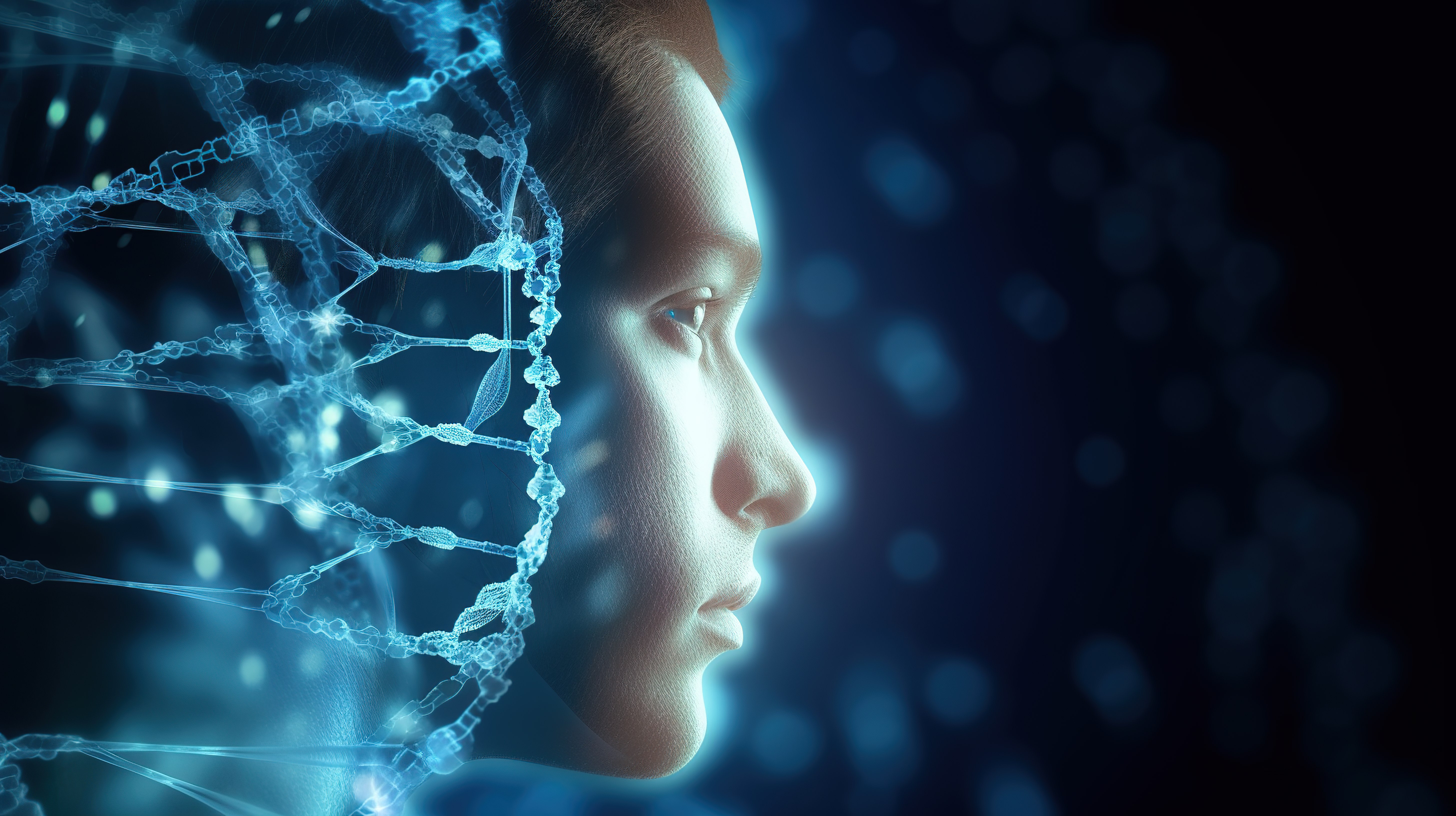 3D 渲染医学背景中的男性人物 DNA 链和大脑图片