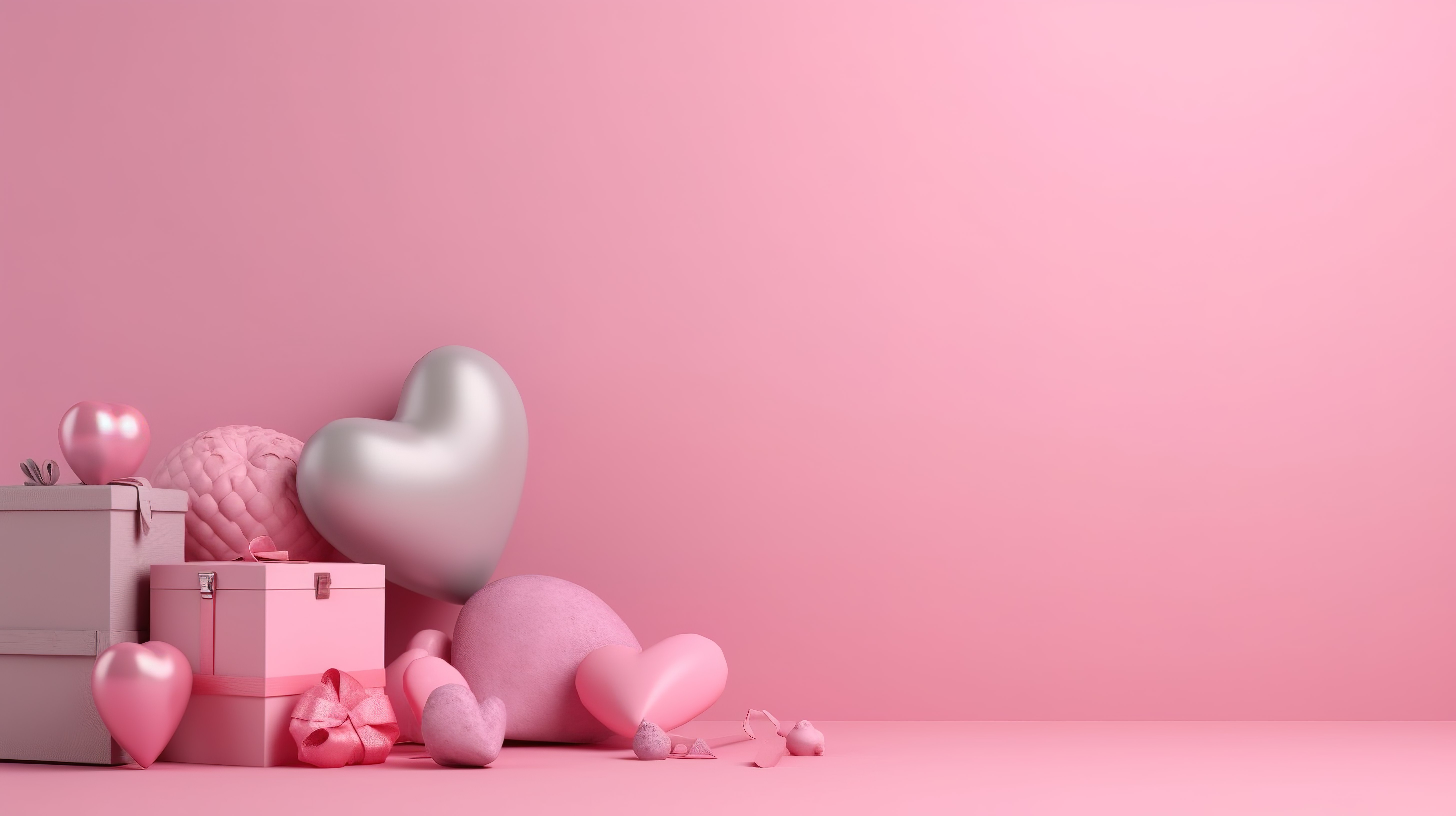辐射粉色情人节横幅，带有心形气球和礼物装饰 3D 渲染图片