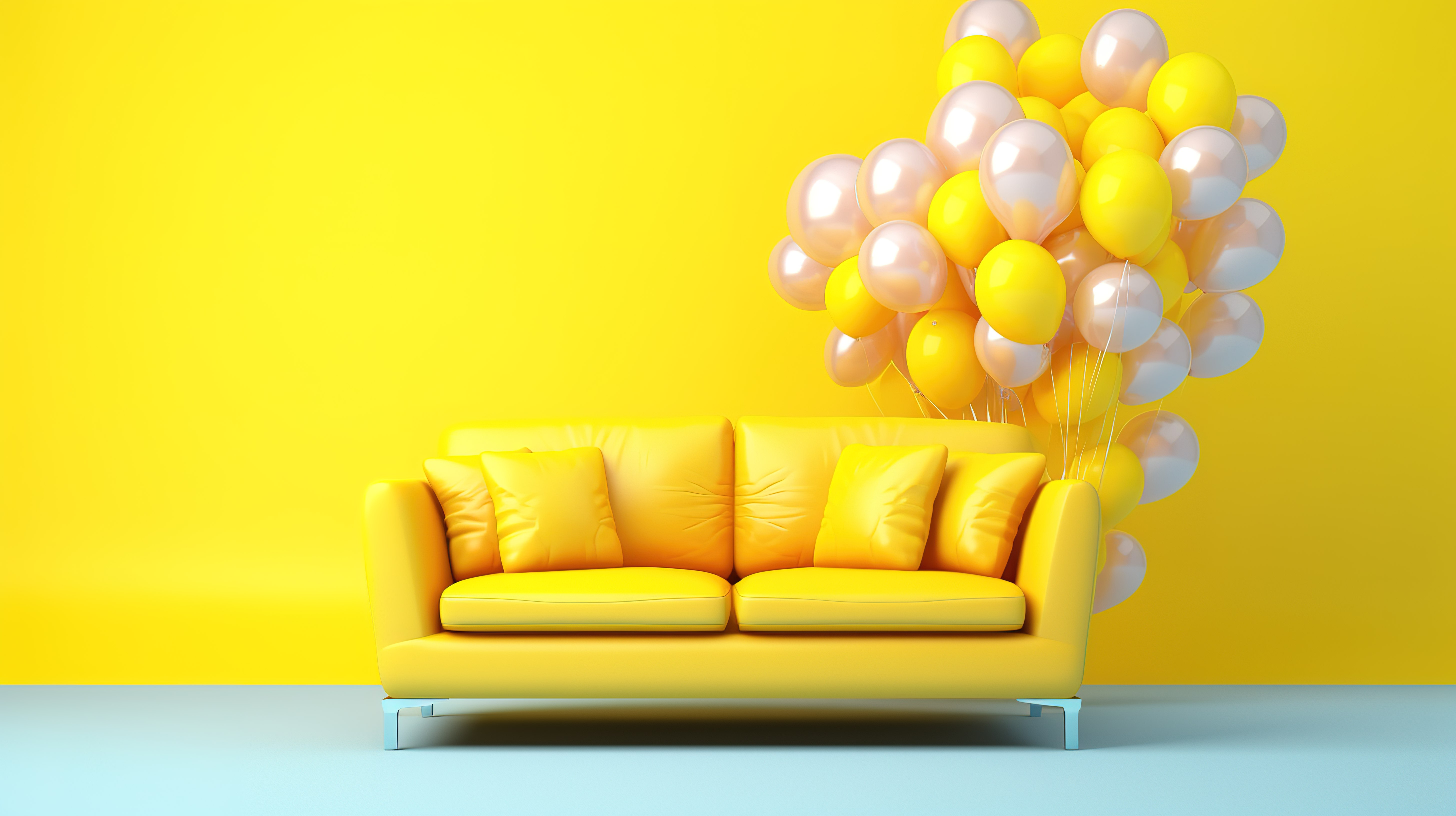 高效便捷的交通概念 3D 渲染黄色沙发，带有气球，方便搬迁图片