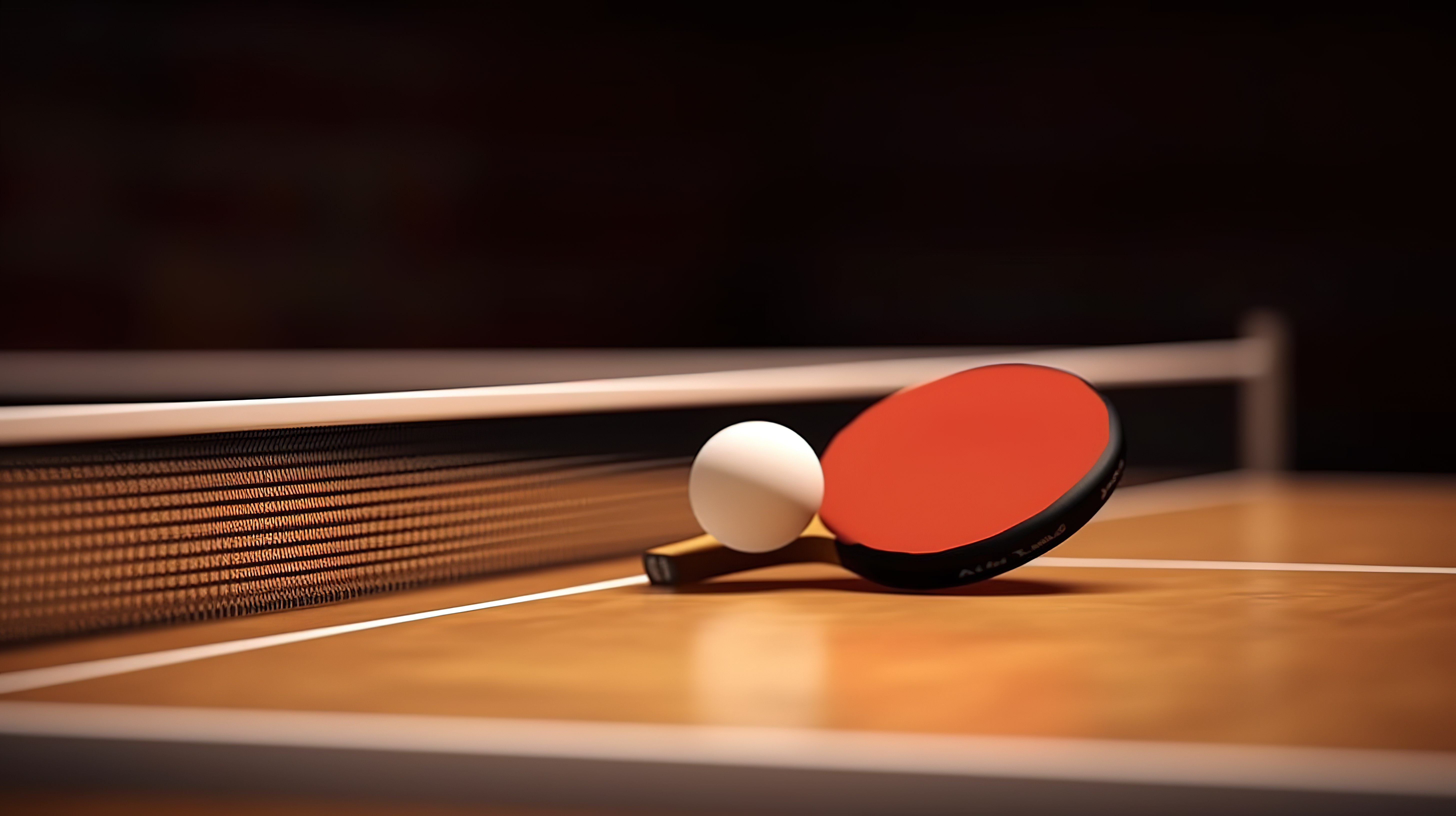 乒乓球设备两个球拍和带网的桌子上的球的 3D 插图图片