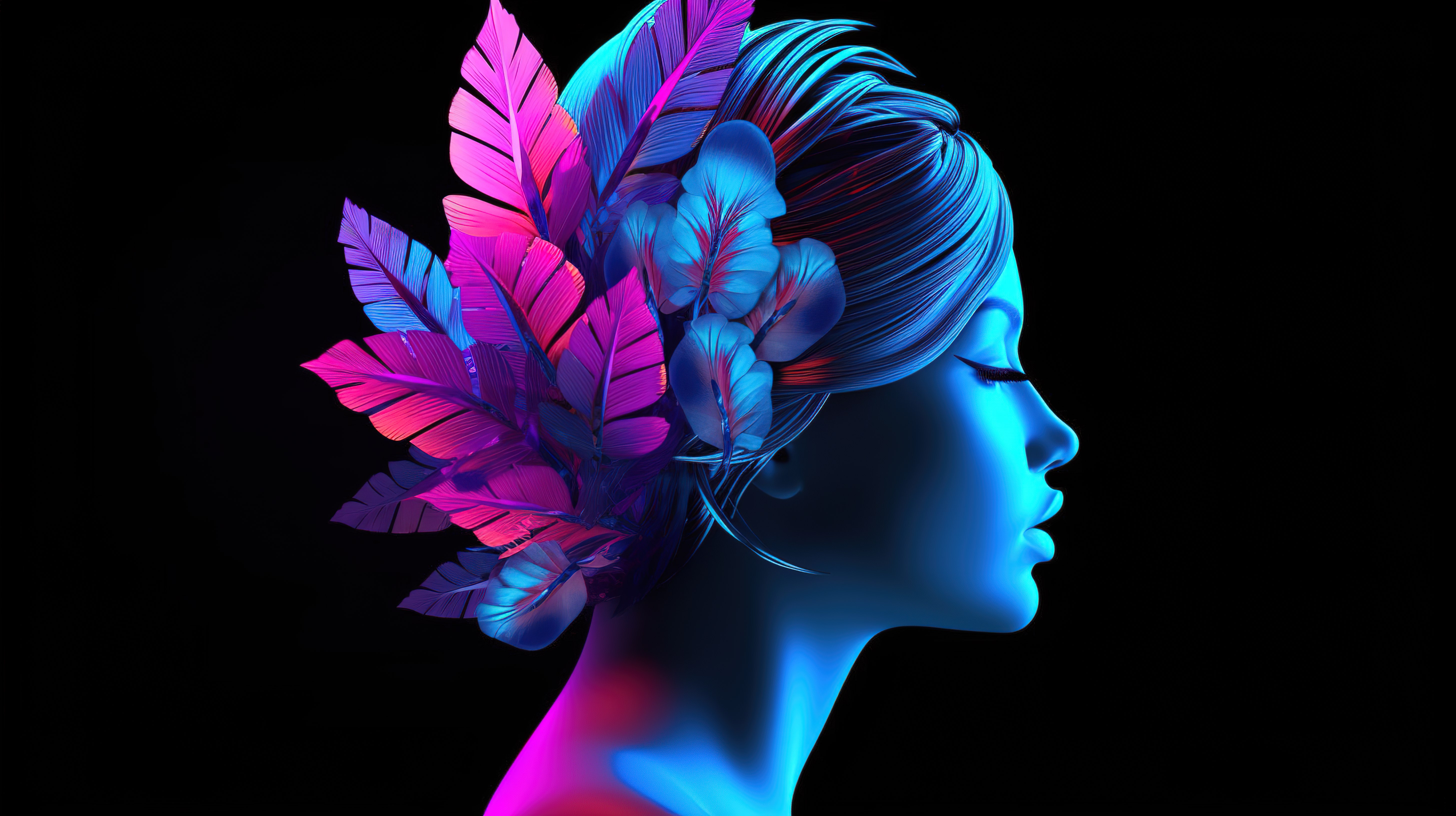 具有充满活力的紫外线蓝色和粉红色 3d 花瓣易洛魁设计的女性头像图片