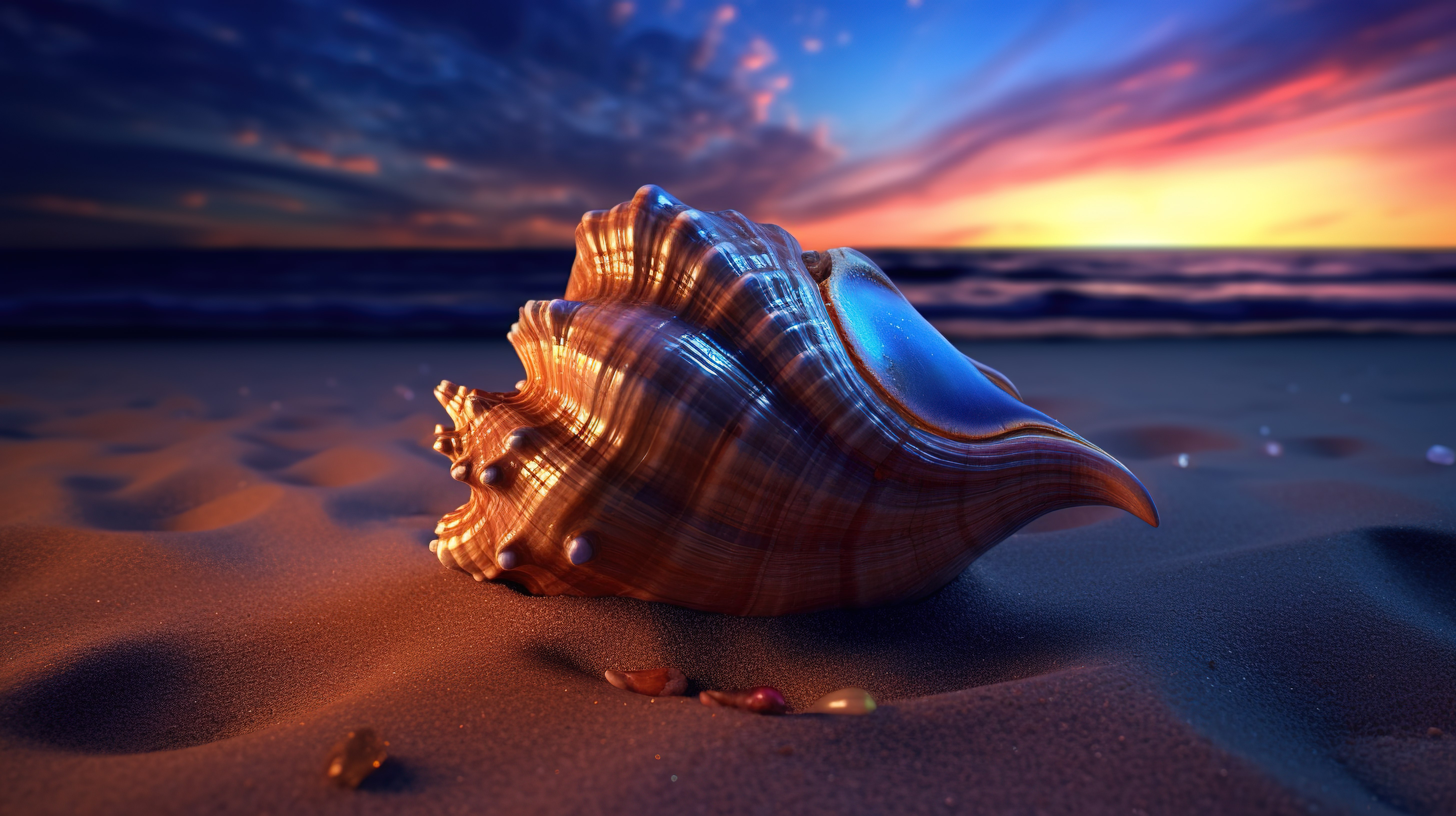 黄昏海滩上贝壳的渲染图片