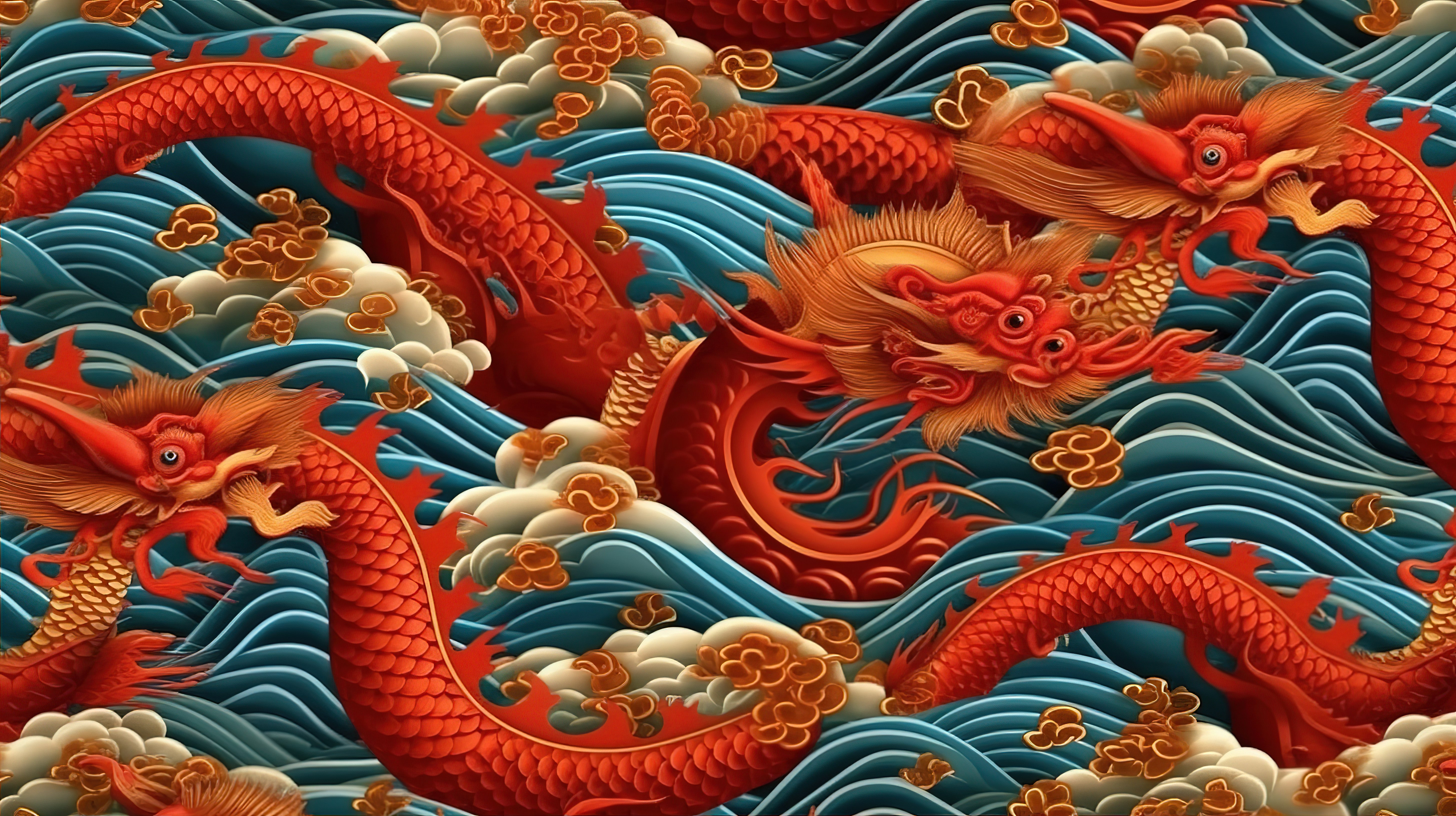 欢乐庆祝中国新年闪闪发光的海浪和雄伟的龙鱼无缝图案 3D 渲染插图图片