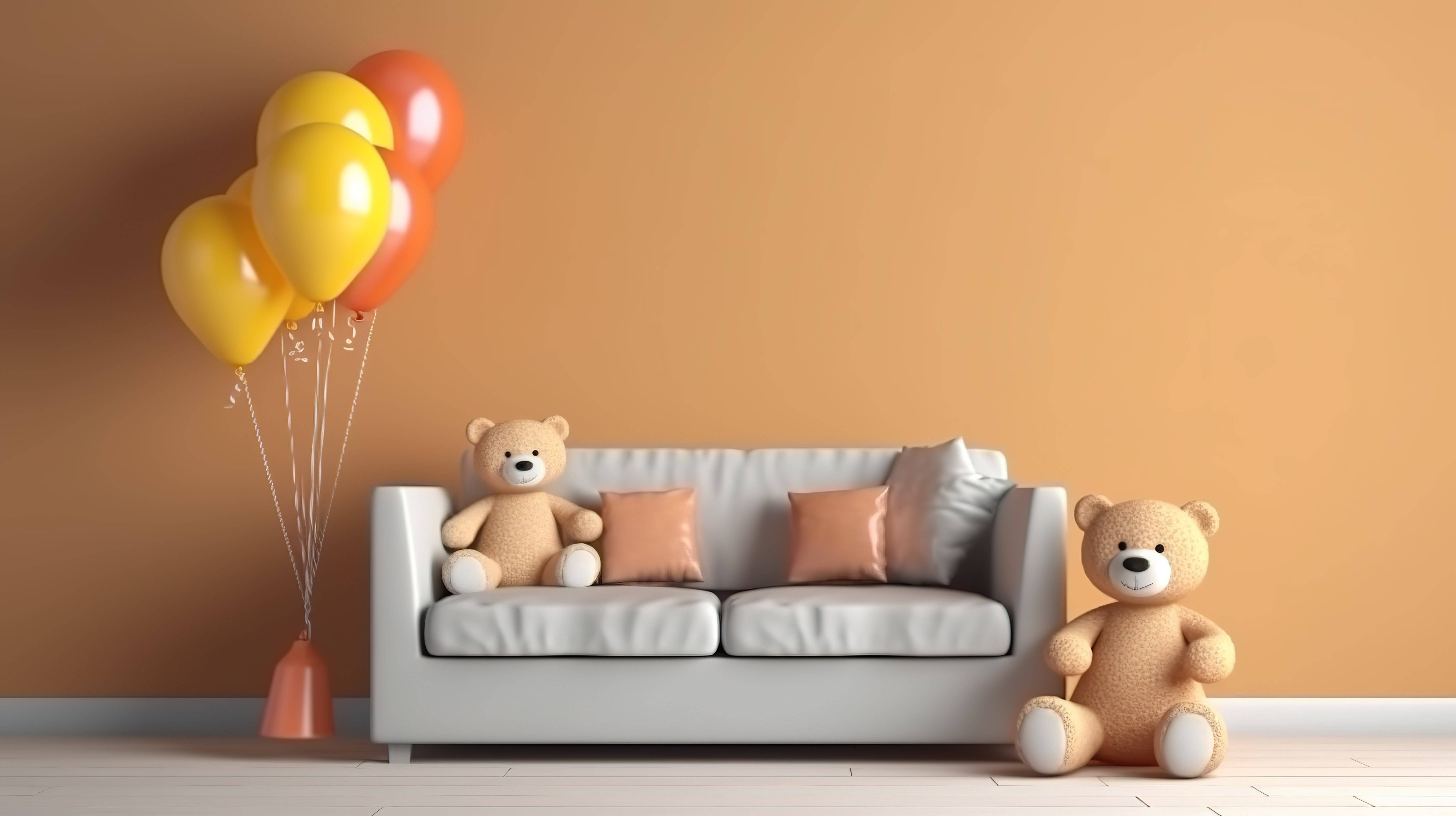 毛绒驯鹿和熊娃娃舒适地躺在沙发上，而气球则为 3D 渲染的儿童房间增添了一丝乐趣图片