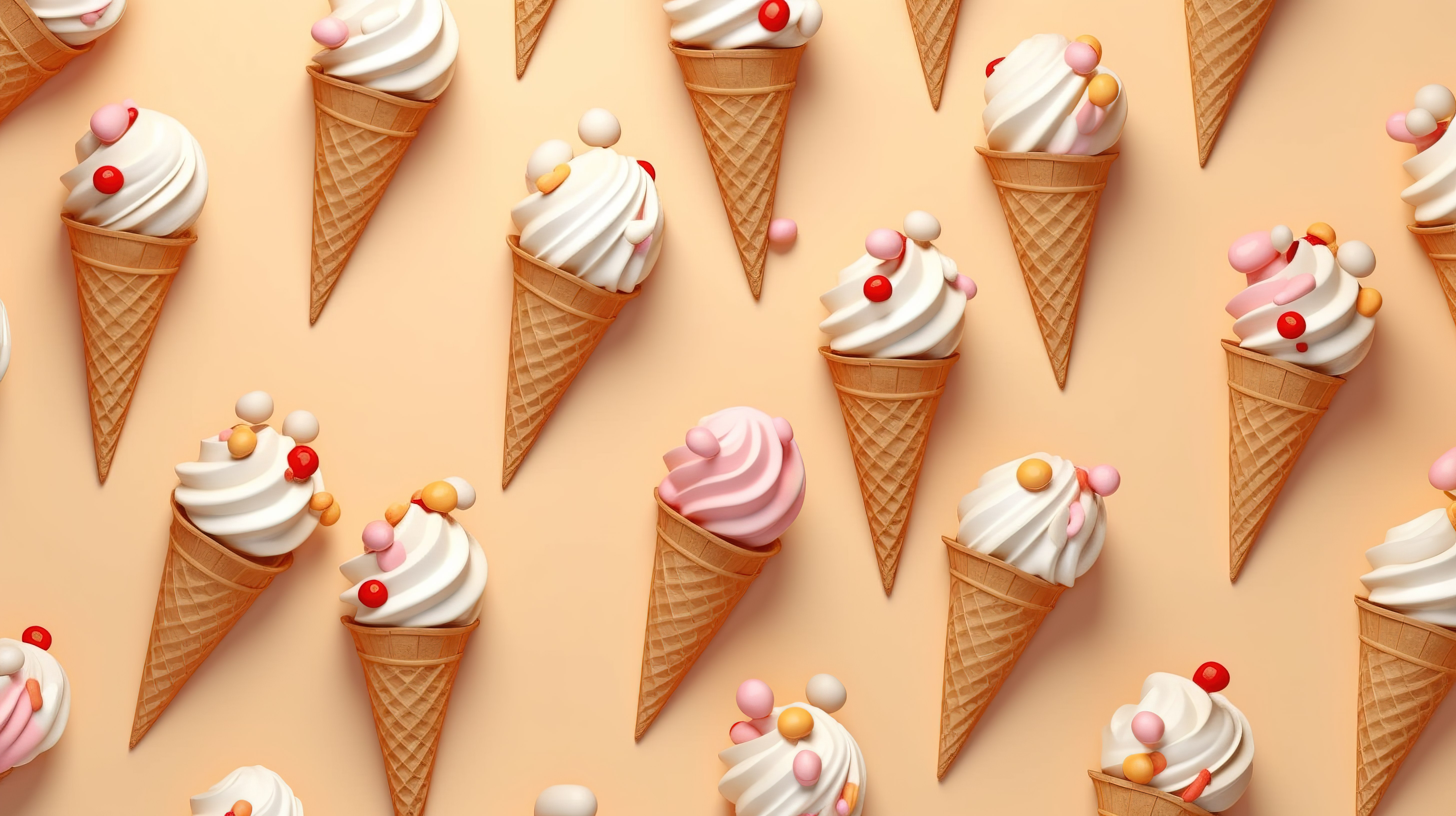 引人注目的 3D 渲染夏季背景纹理无缝图案的冰淇淋在浅棕色背景图片