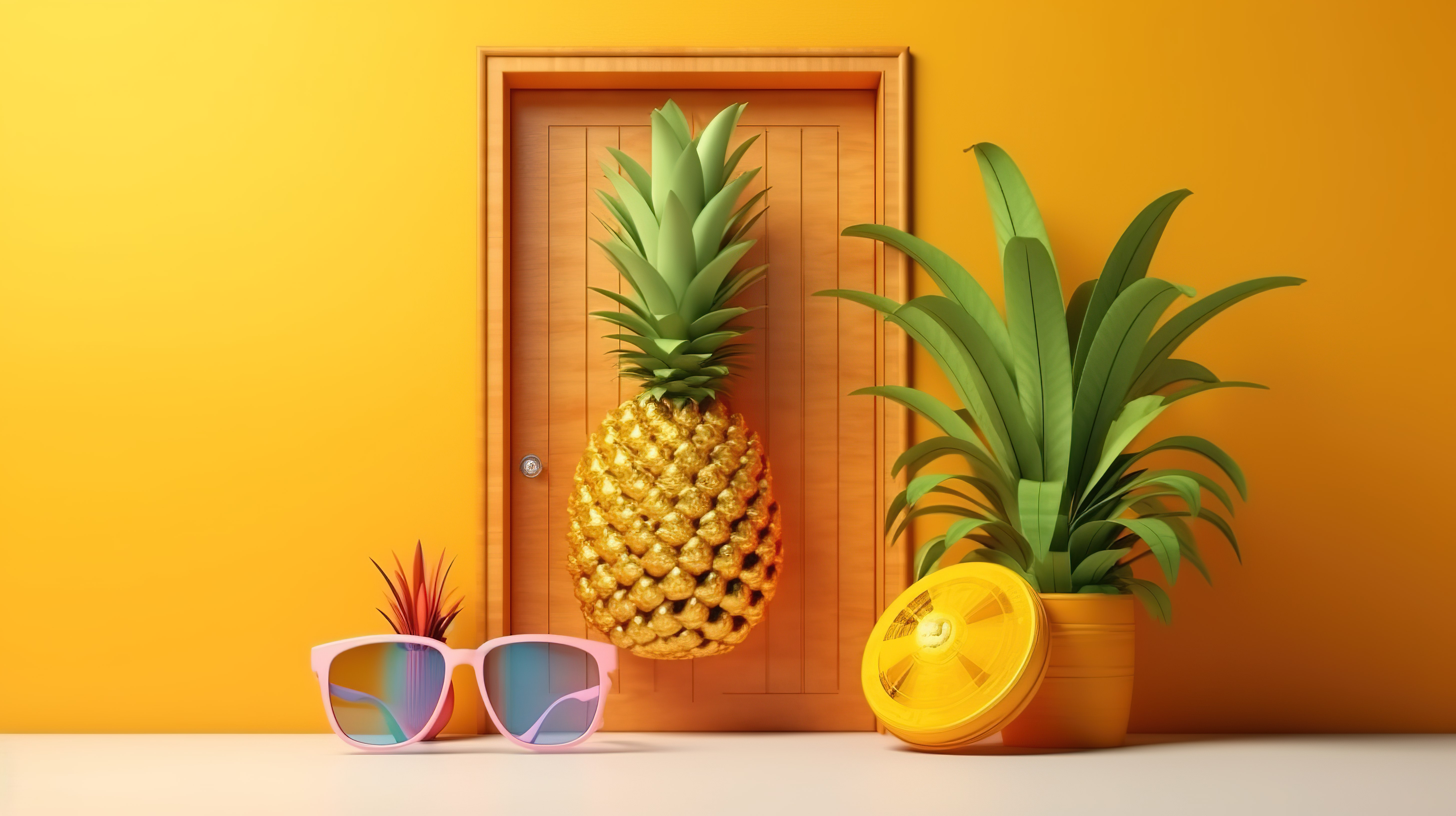 戴着太阳镜的菠萝和代表夏季的敞开的门的 3D 插图图片