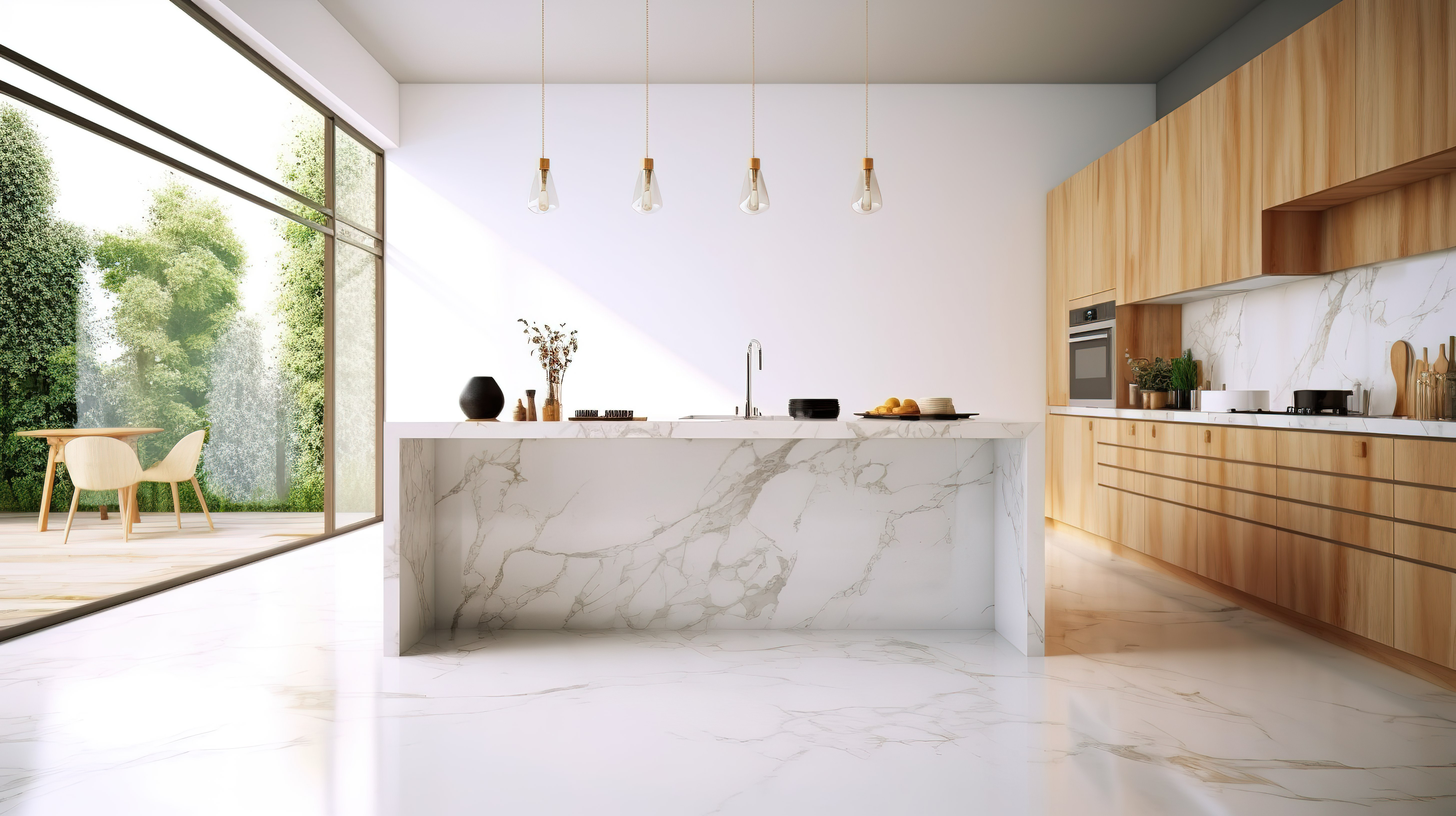 浅色和木质厨房中大理石厨房岛柜台的 3D 渲染图片