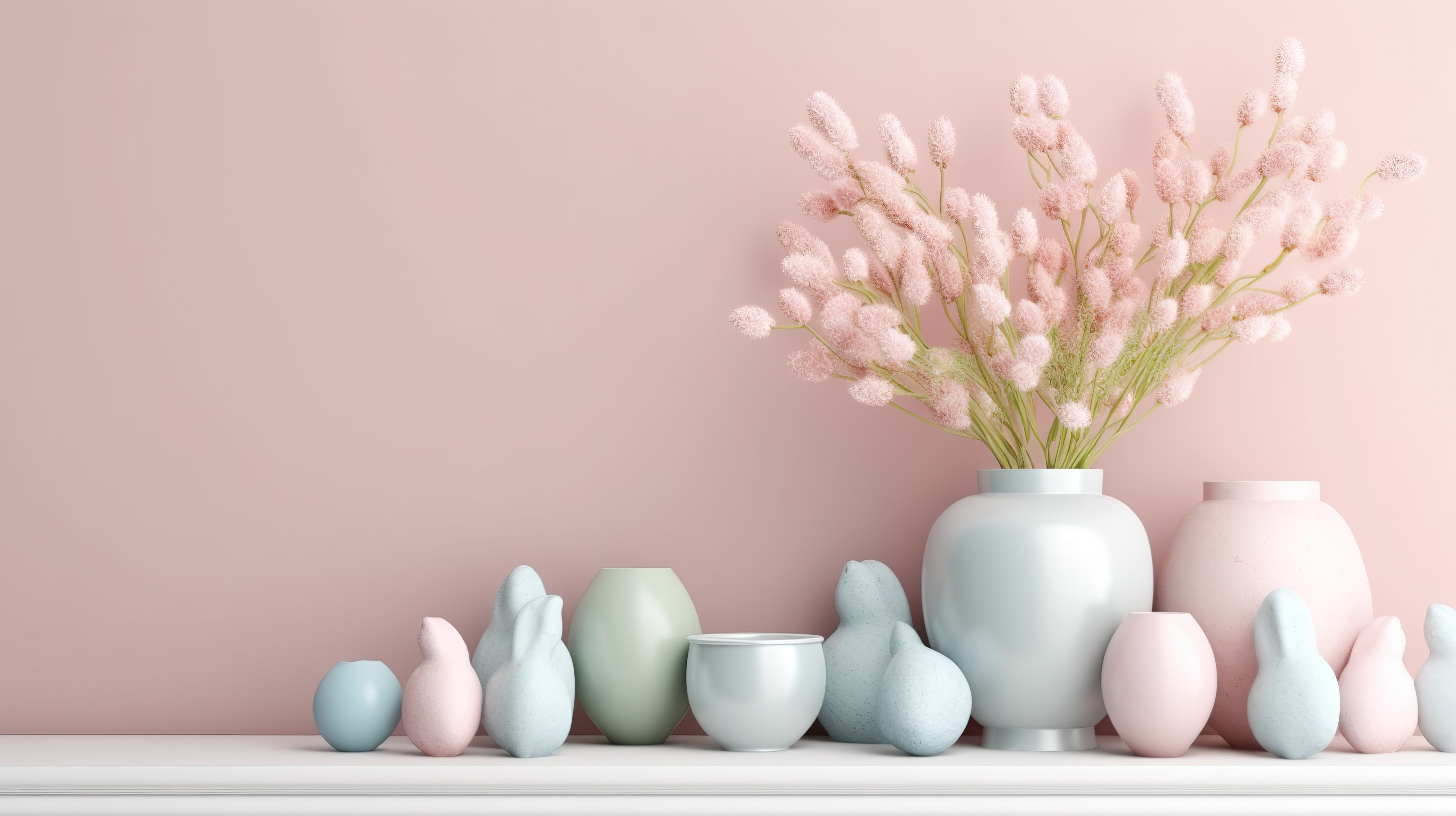 复活节主题 3D 插图横幅，其特色是装饰蛋兔和模型背景花瓶中的柔和彩色小树枝图片