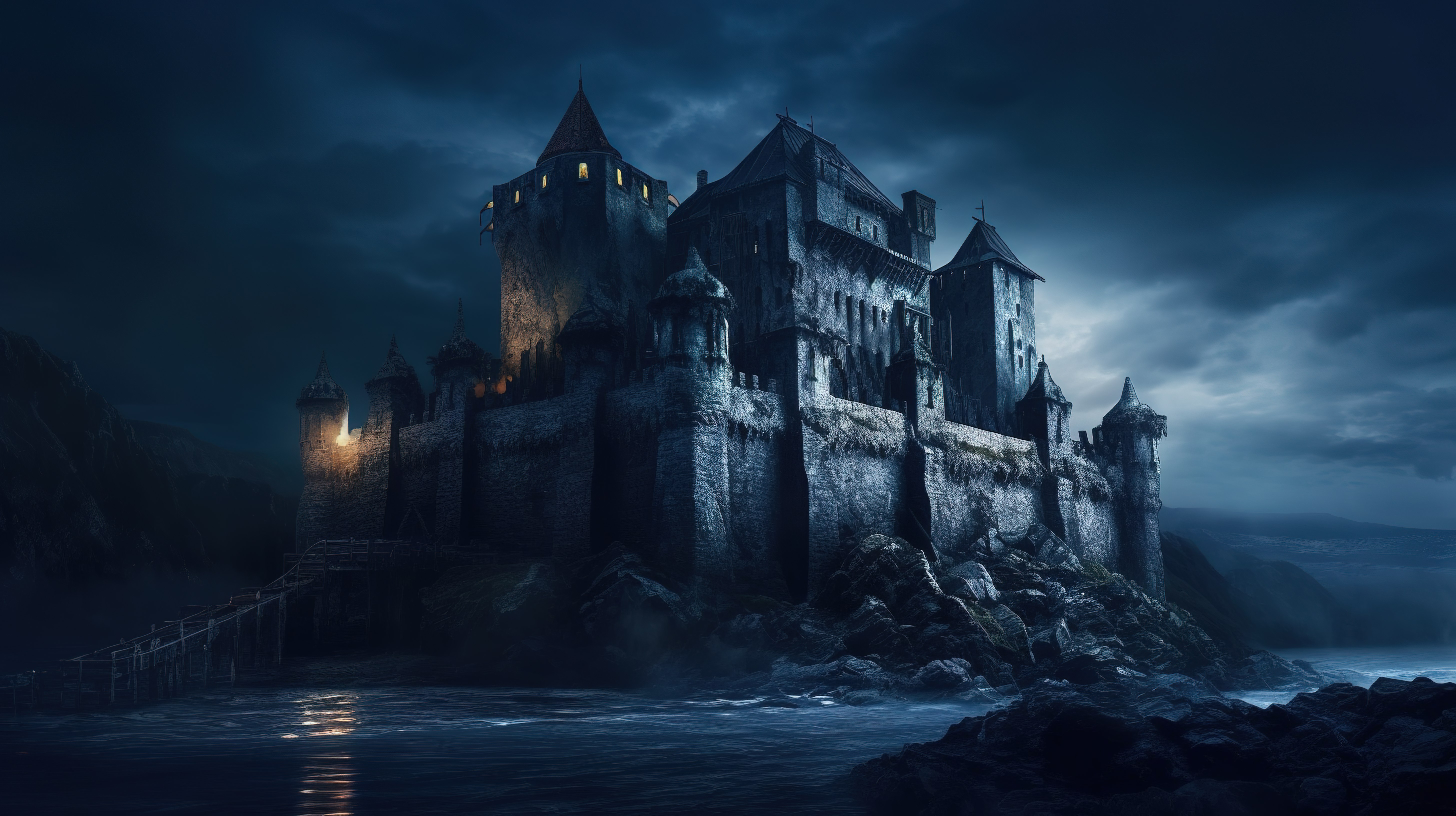夜间堡垒黑暗城堡的 3D 渲染插图图片