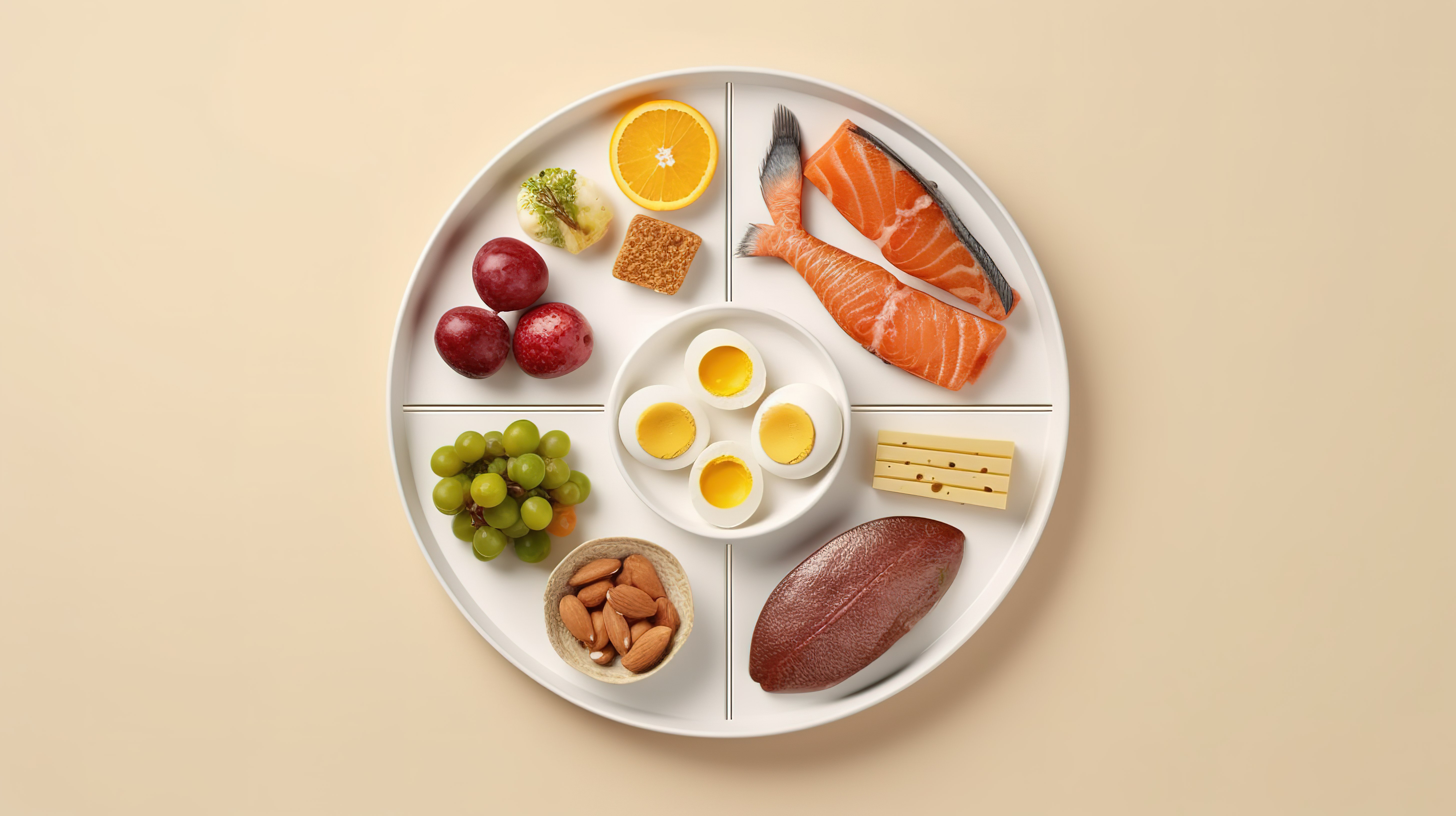 白盘彩色背景 3D 插图上的全面饮食理念脂肪碳水化合物和蛋白质图片