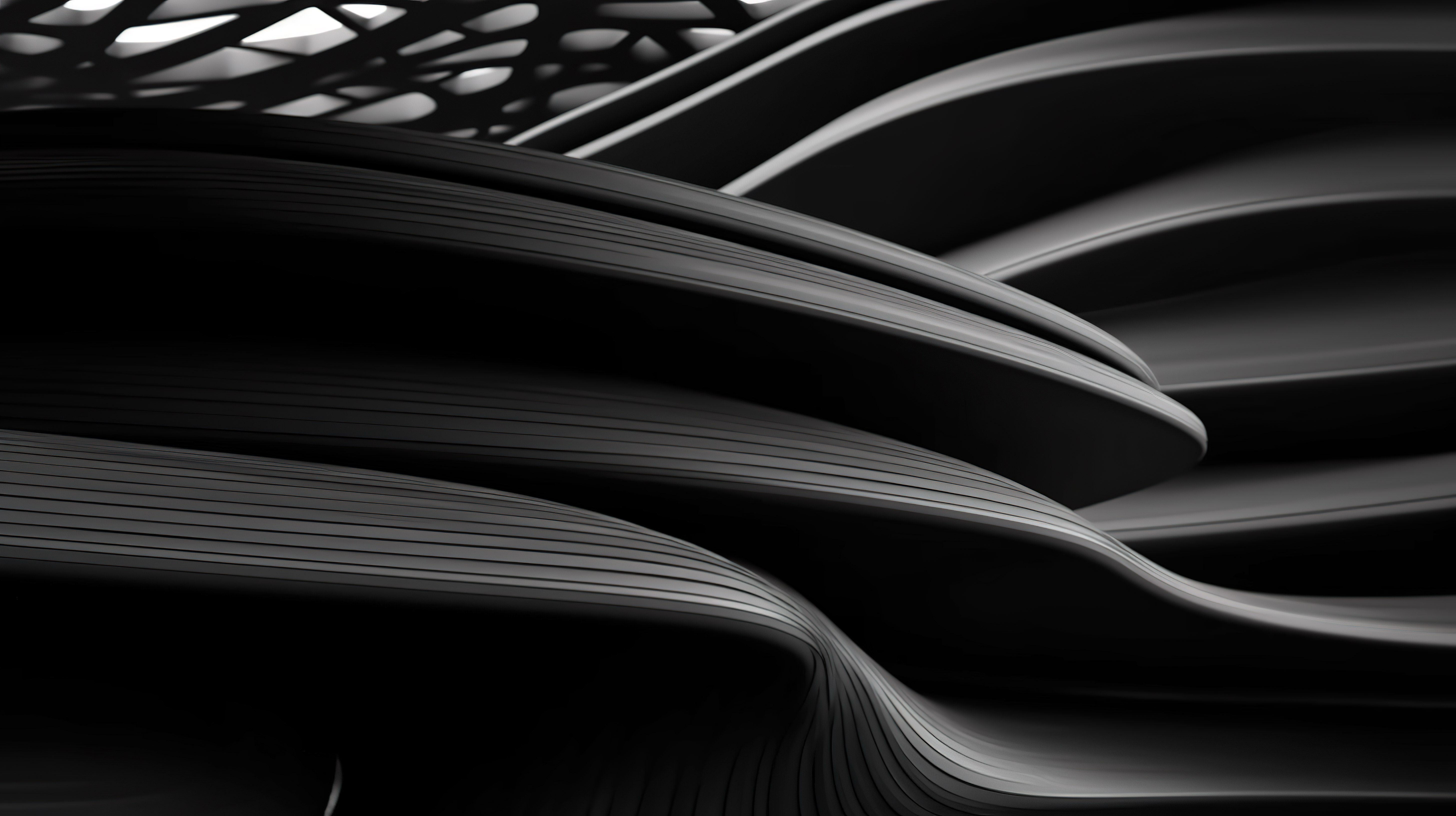未来派建筑 3D 渲染的复杂性扭曲形状和黑色空间抽象图片