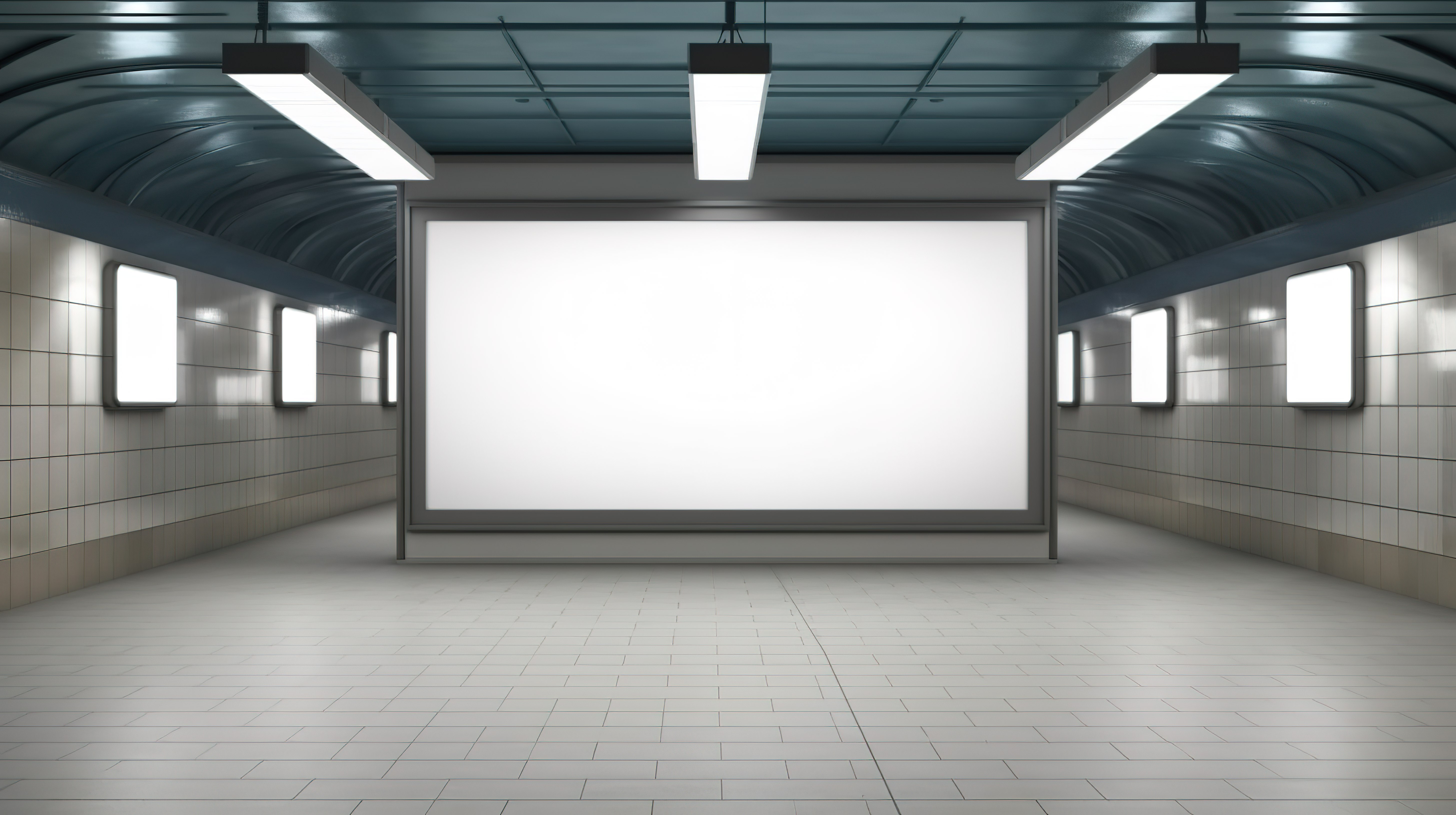 地铁站贸易展台，配有空白液晶屏，适合您的定制设计 3D 渲染模板图片