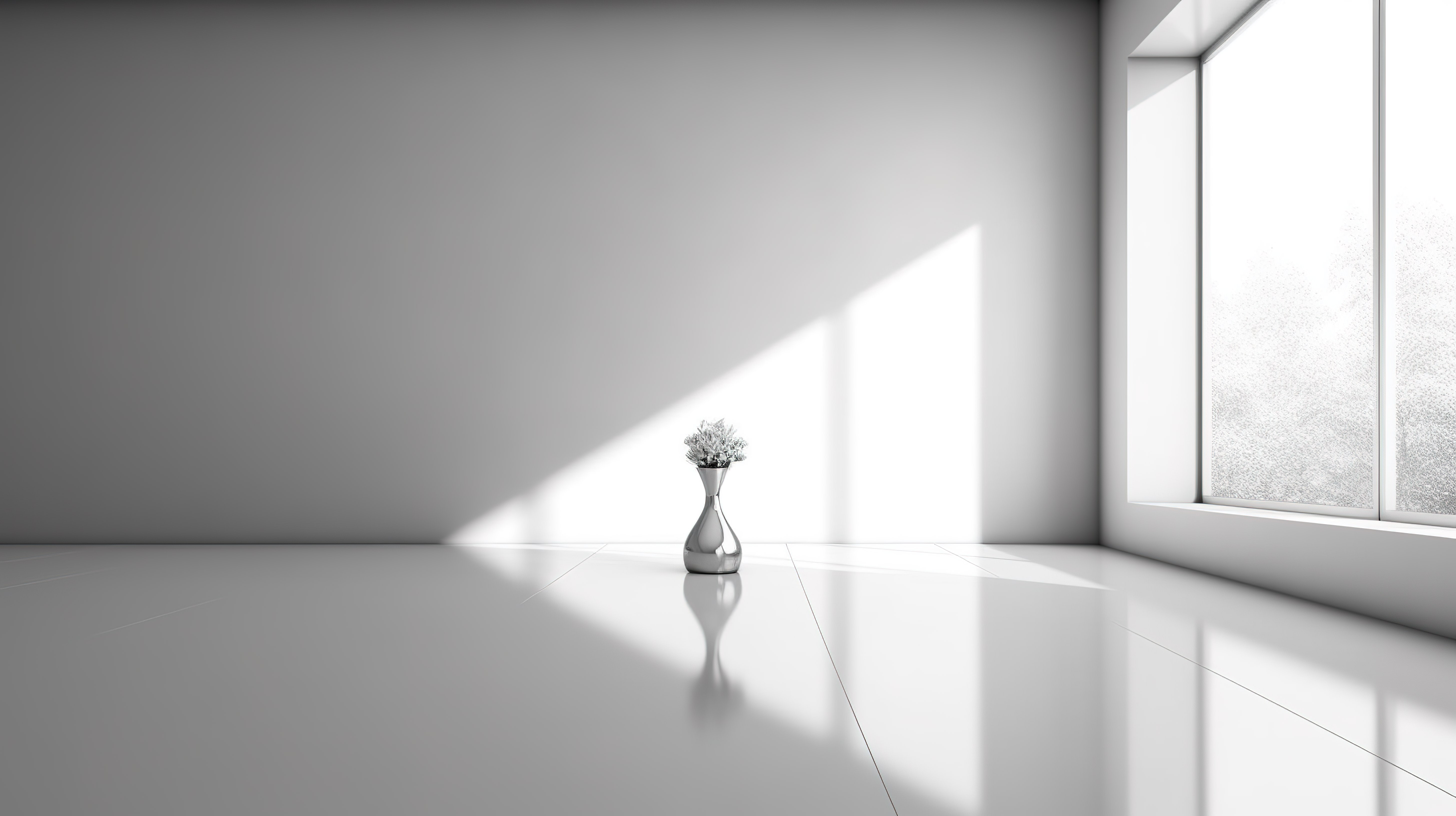 一个空的背光房间的真实 3D 渲染，配有墙壁地板和镀铬花瓶图片