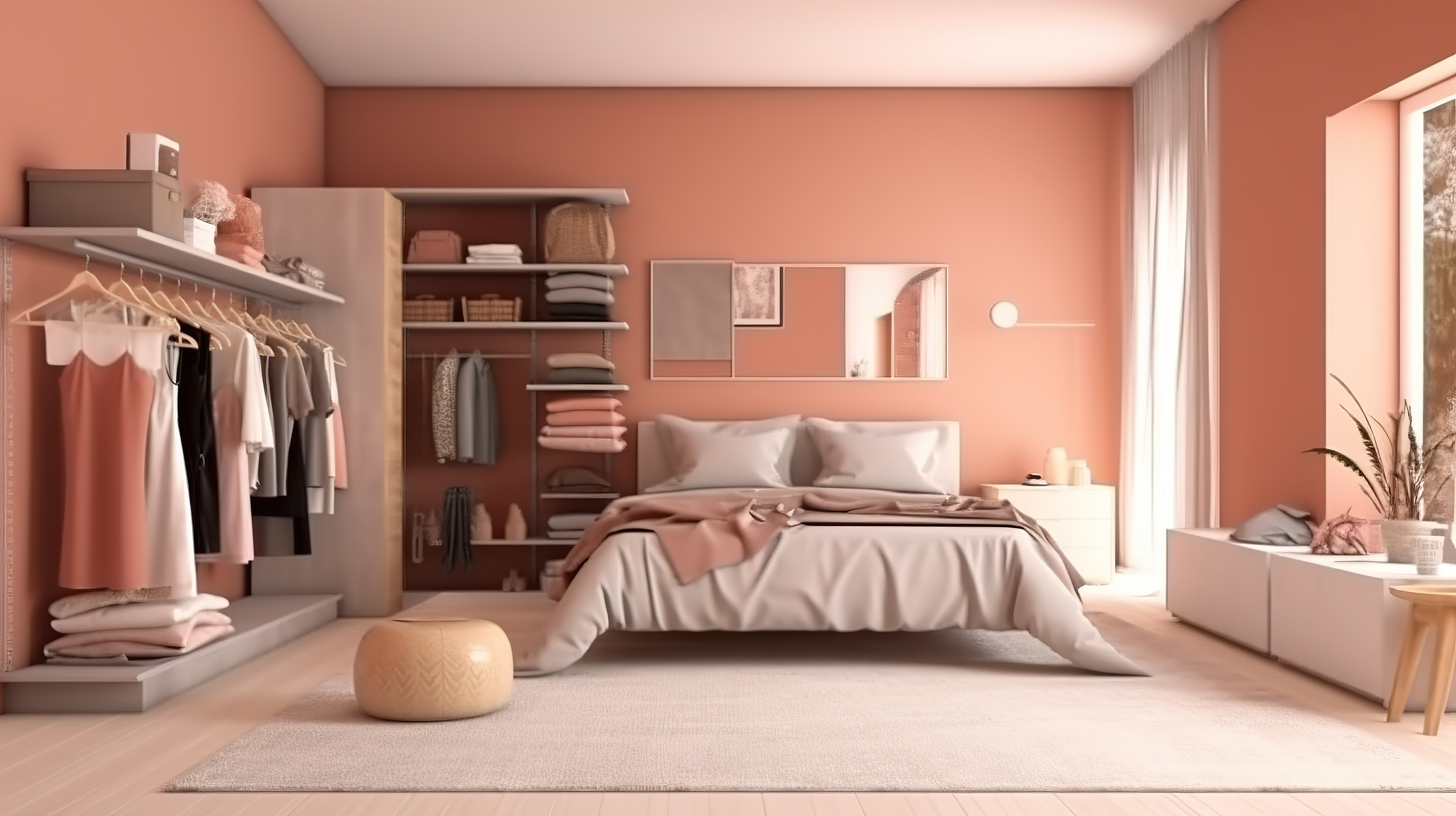 时尚卧室的 3D 插图，配有衣柜梳妆台床上用品等图片