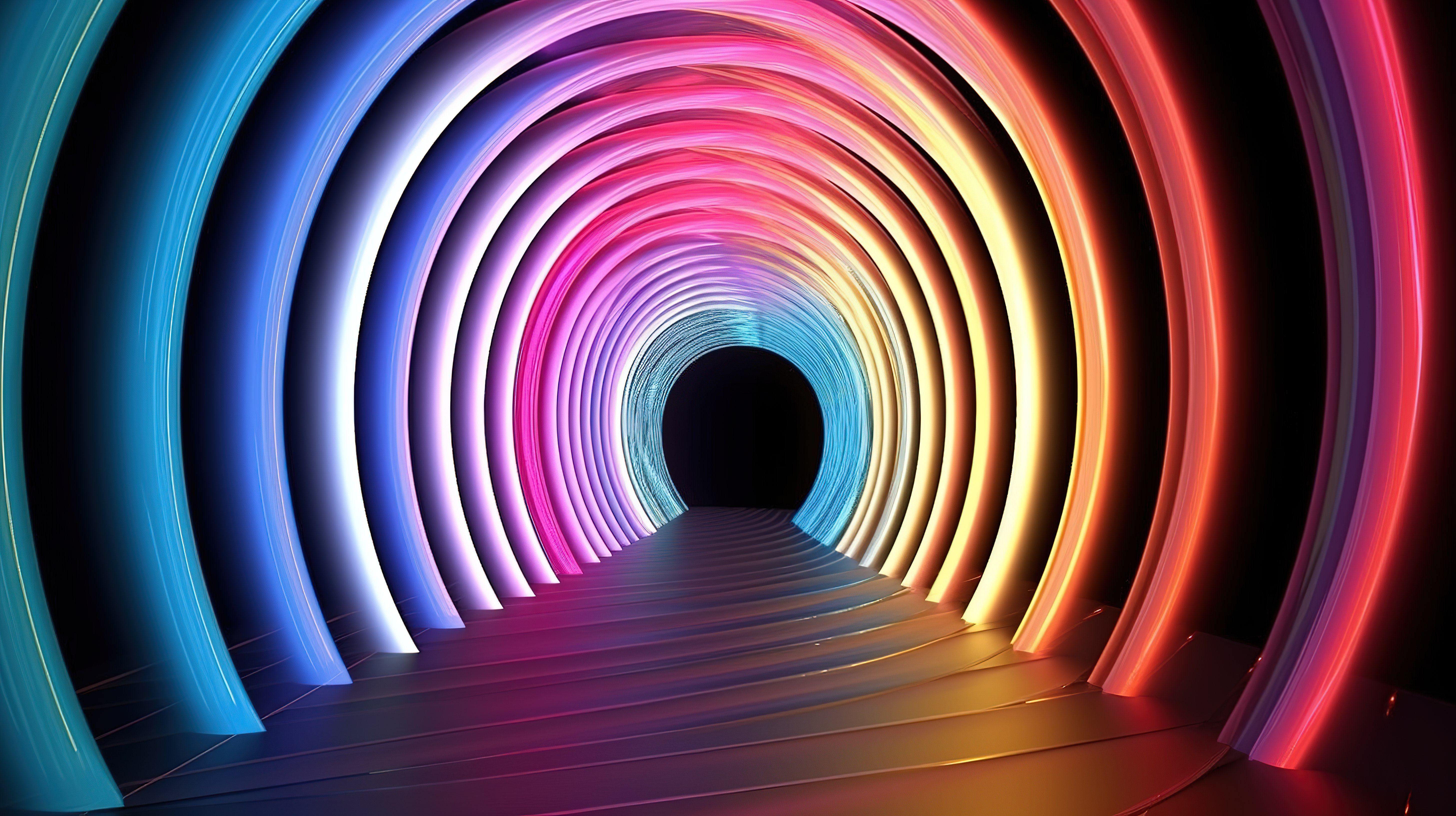 圆形隧道的 3D 渲染，其中自发光彩色线在内部旋转图片