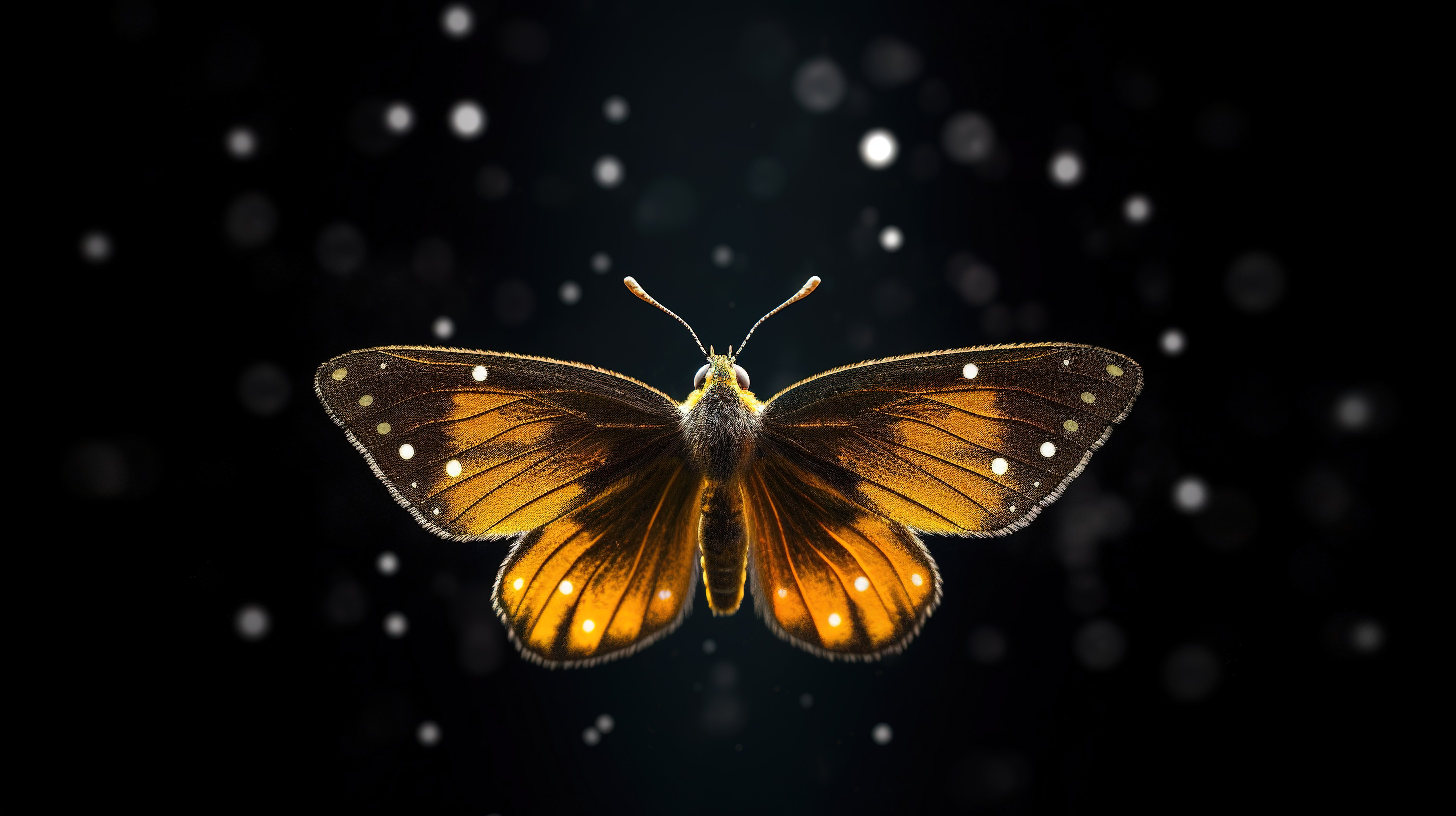 3D 渲染中黑色背景下充满花粉的蝴蝶和飞蛾的散景图片