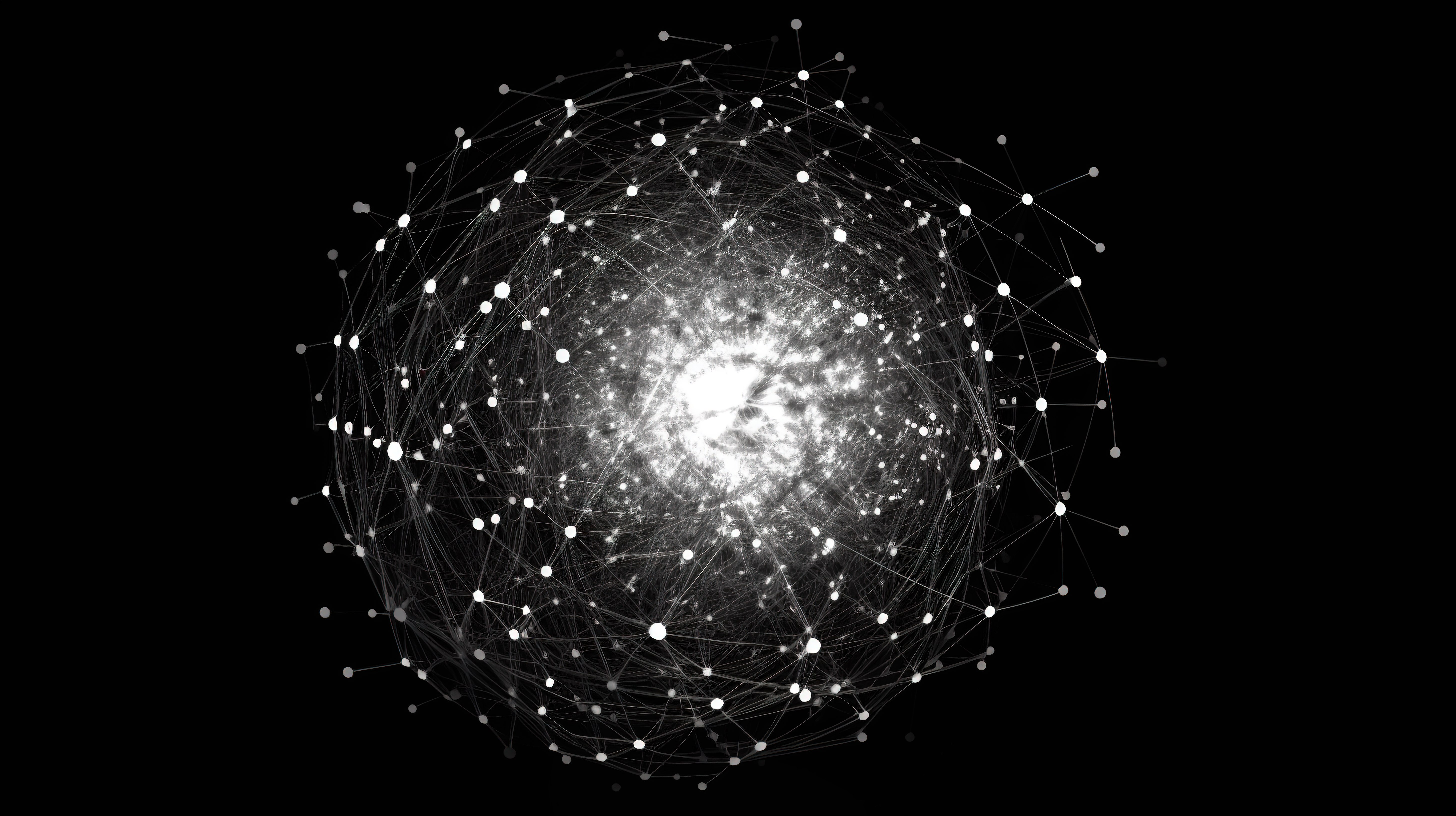 由连接的白点和线条组成的抽象球体中心的脉动光的 3D 插图图片