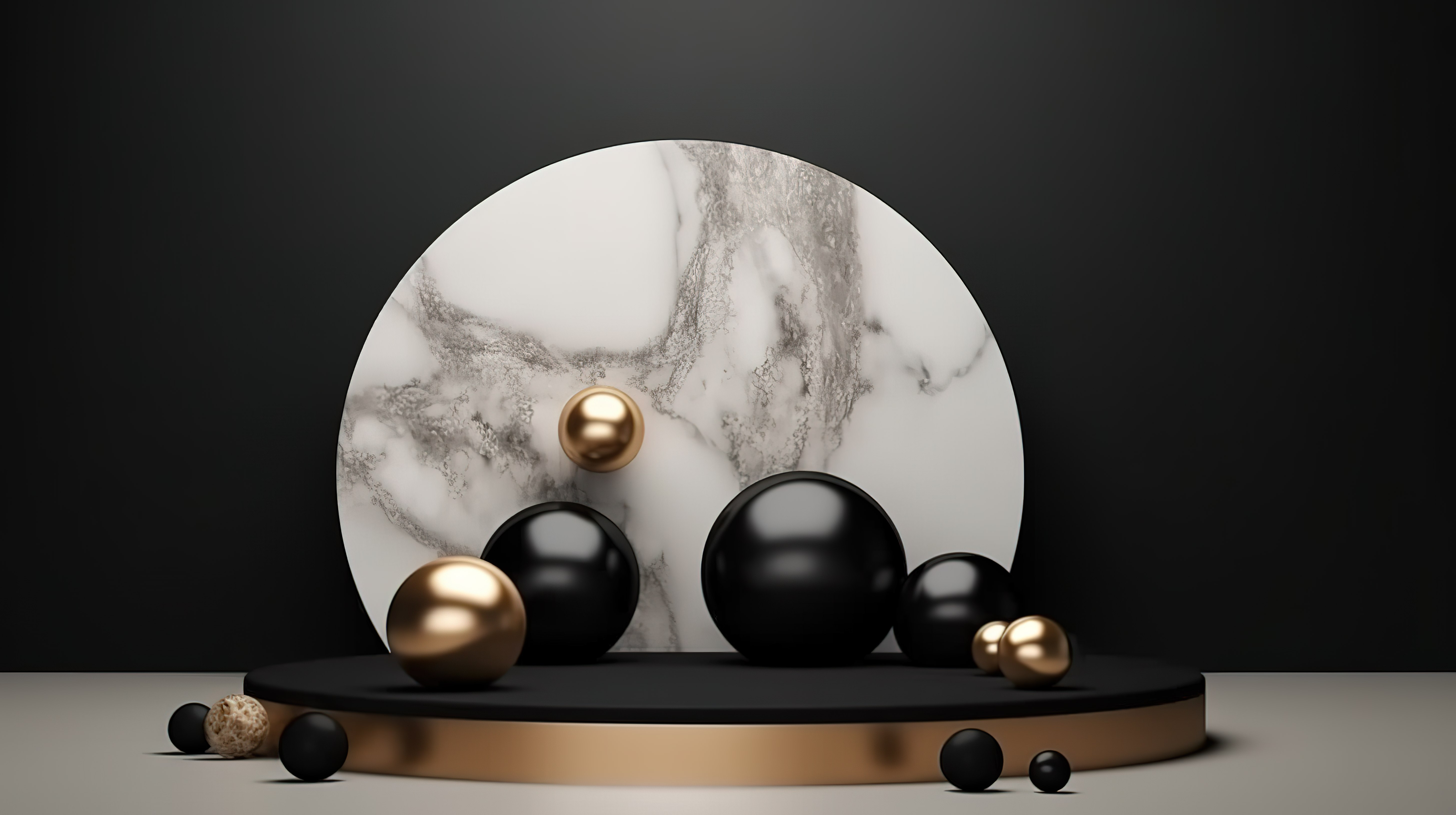 优雅的 3D 产品展台，黑色饰面和金色大理石背景顶视图图片