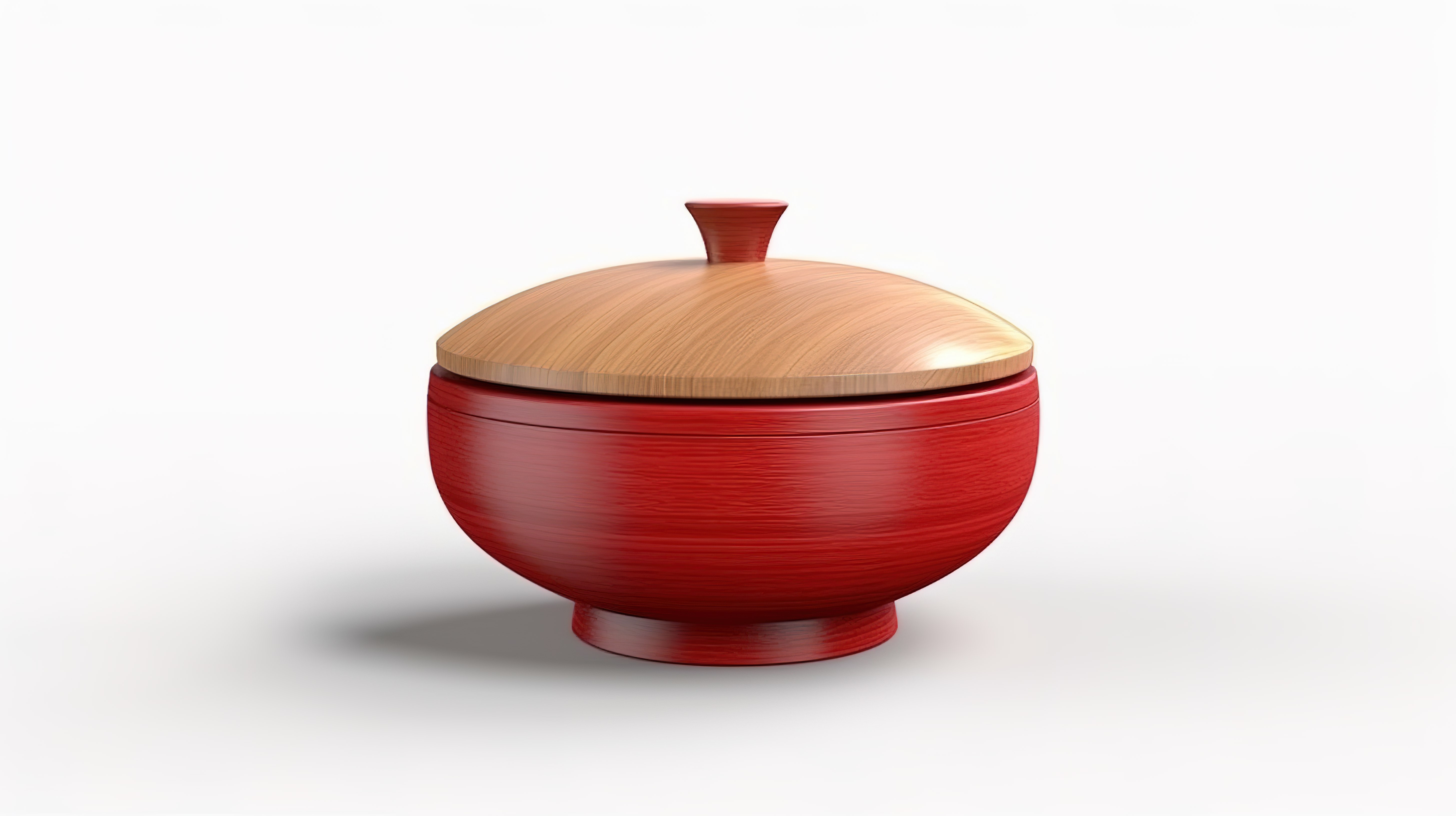 3D 渲染的亚洲红色木碗，盖子放置在白色背景上，非常适合提供食物图片