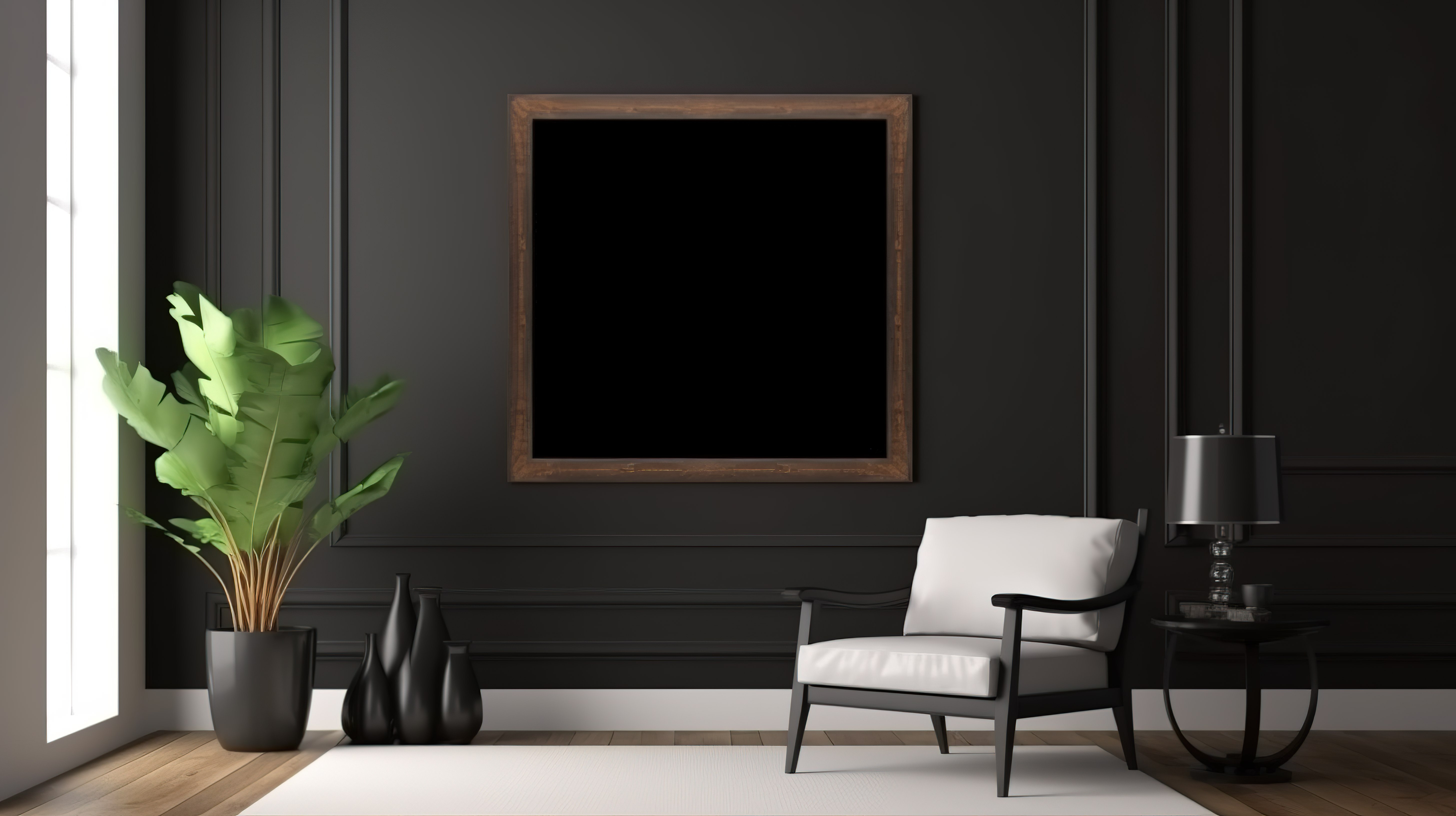 豪华当代室内装饰的简约 3D 渲染，黑色墙壁配有空木海报和相框图片